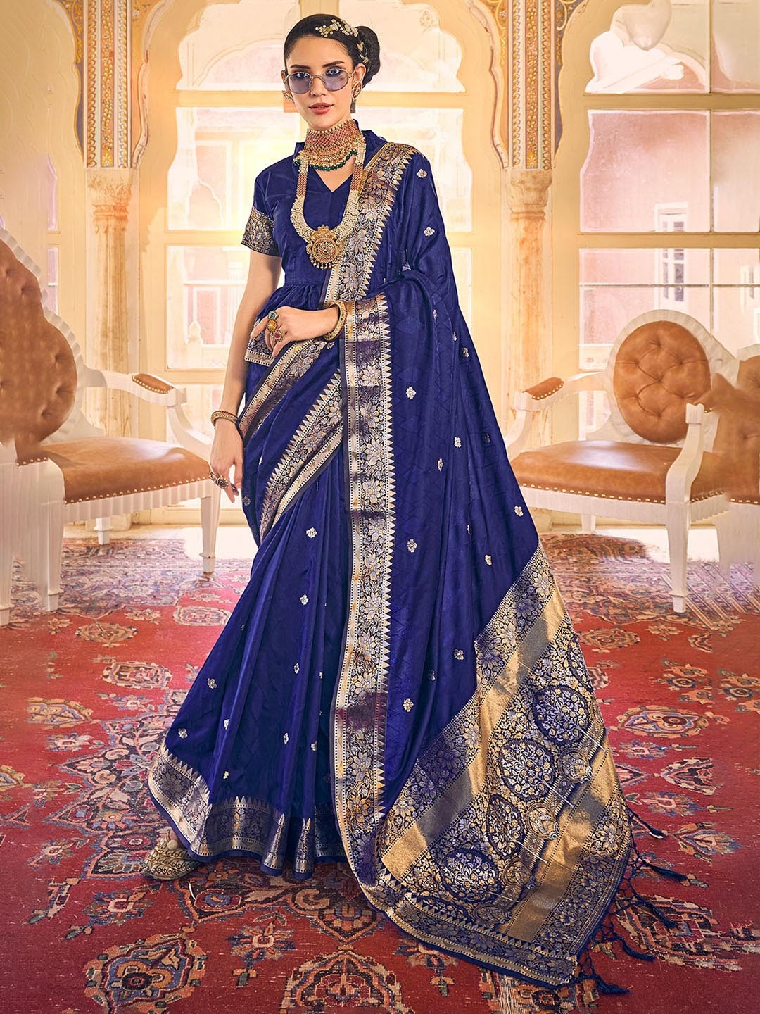 

DEVATITHI Floral Woven Design Zari Satin Banarasi Saree, Blue