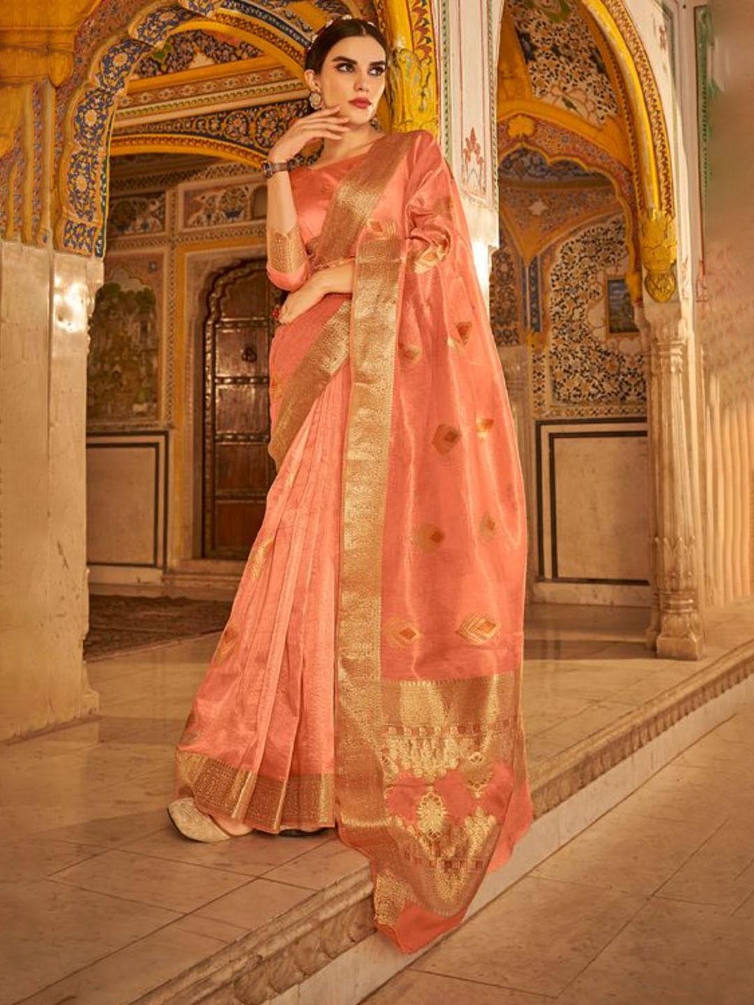 

DEVATITHI Ethnic Motifs Woven Design Zari Banarasi Saree, Peach