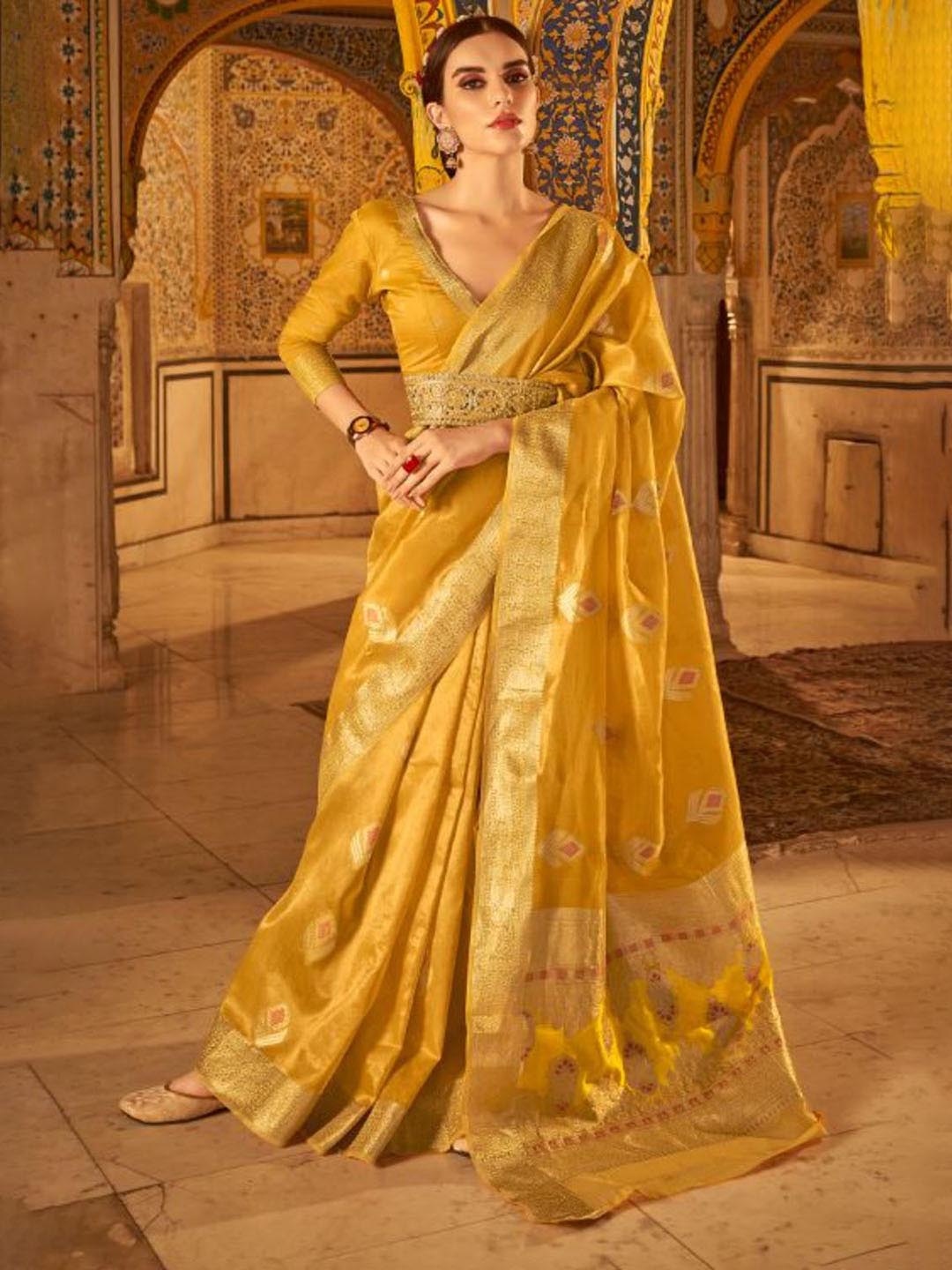 

DEVATITHI Ethnic Motifs Woven Design Zari Banarasi Saree, Yellow