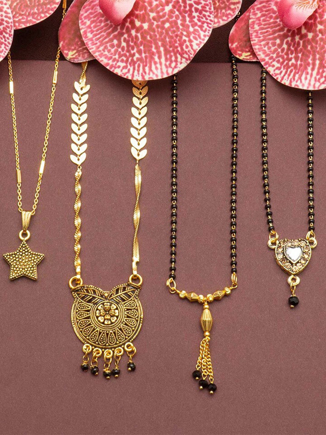 

Ramdev Art Fashion Jwellery Set Of 4 Gold Plated Beaded & Stone Studded Mangalsutras