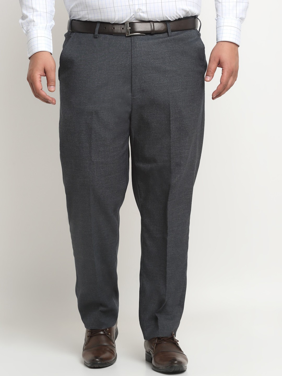 

plusS Plus Size Men Regular Fit Mid-Rise Plain Cotton Formal Trousers, Charcoal
