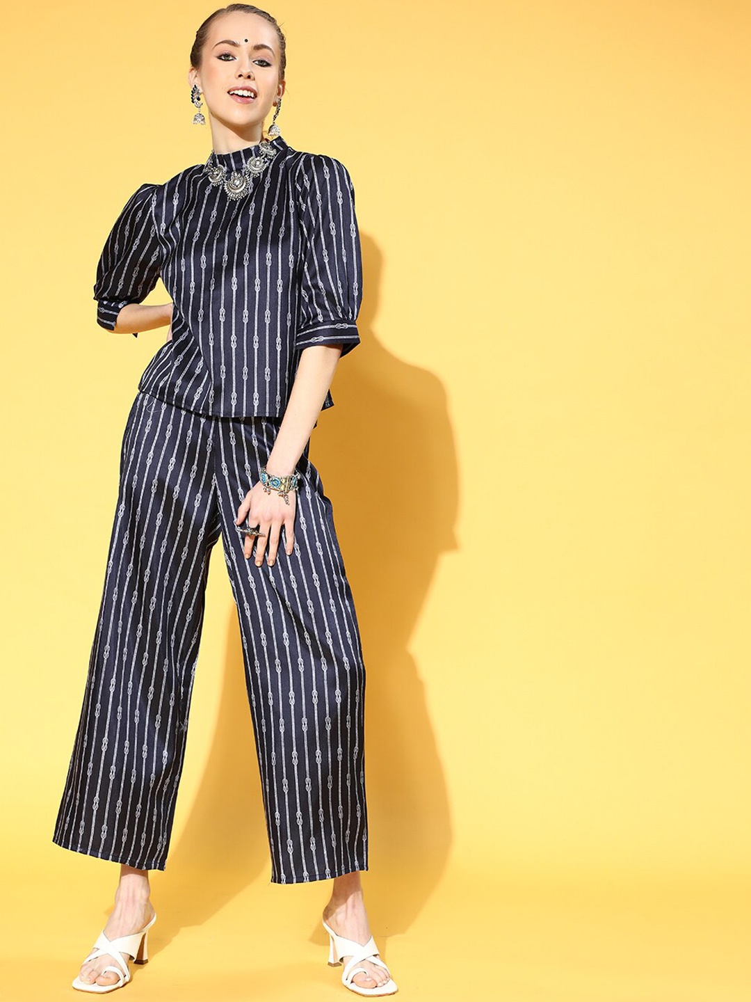 

Ziyaa Striped Top With Palazzo, Navy blue