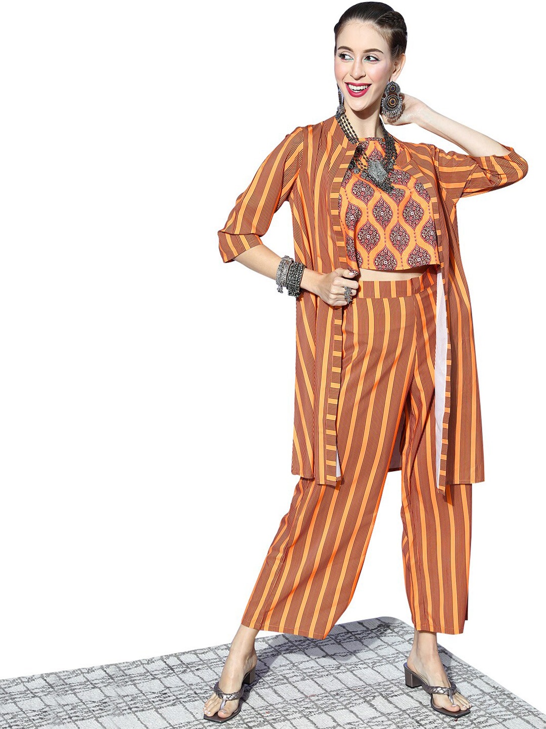 

ZIYAA Mustard Printed Top And Palazzo With Shrug