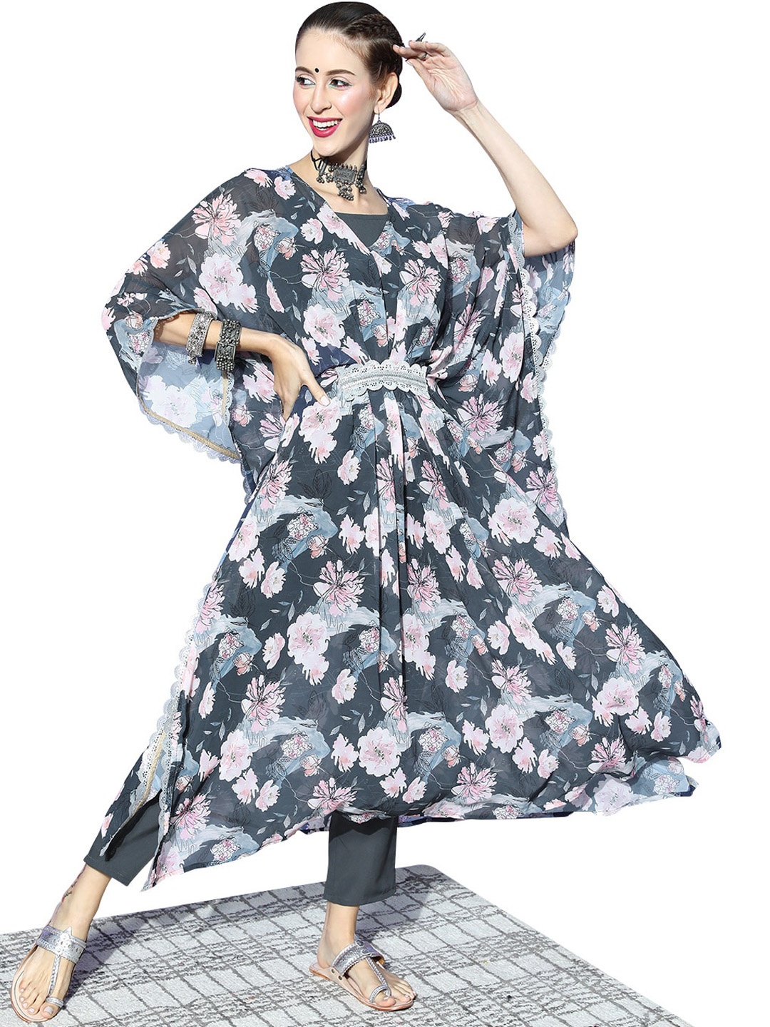 

ZIYAA Floral Printed Regular Kurta With Trousers, Grey