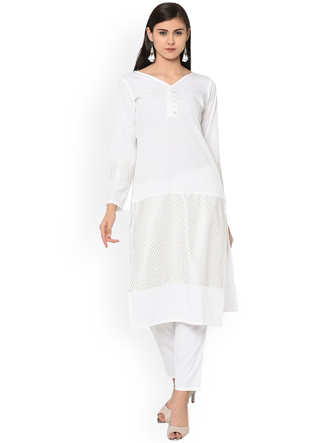 

ZIYAA V-Neck Regular Kurta With Trousers, White