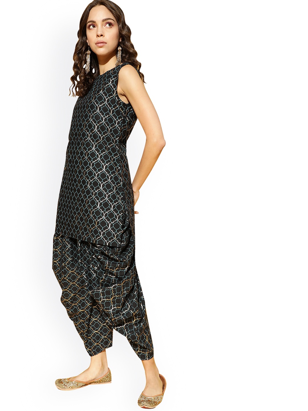 

ZIYAA Ethnic Motif Printed Regular Kurta With Dhoti Pants With Jacket, Black