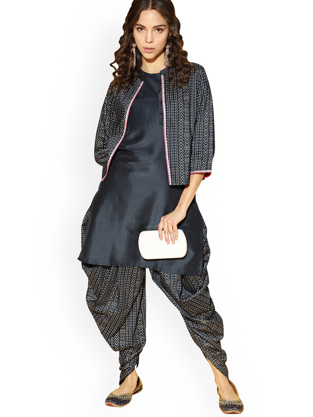 

ZIYAA Ethnic Motif Printed Regular Kurta With Dhoti Pants & Jacket, Navy blue