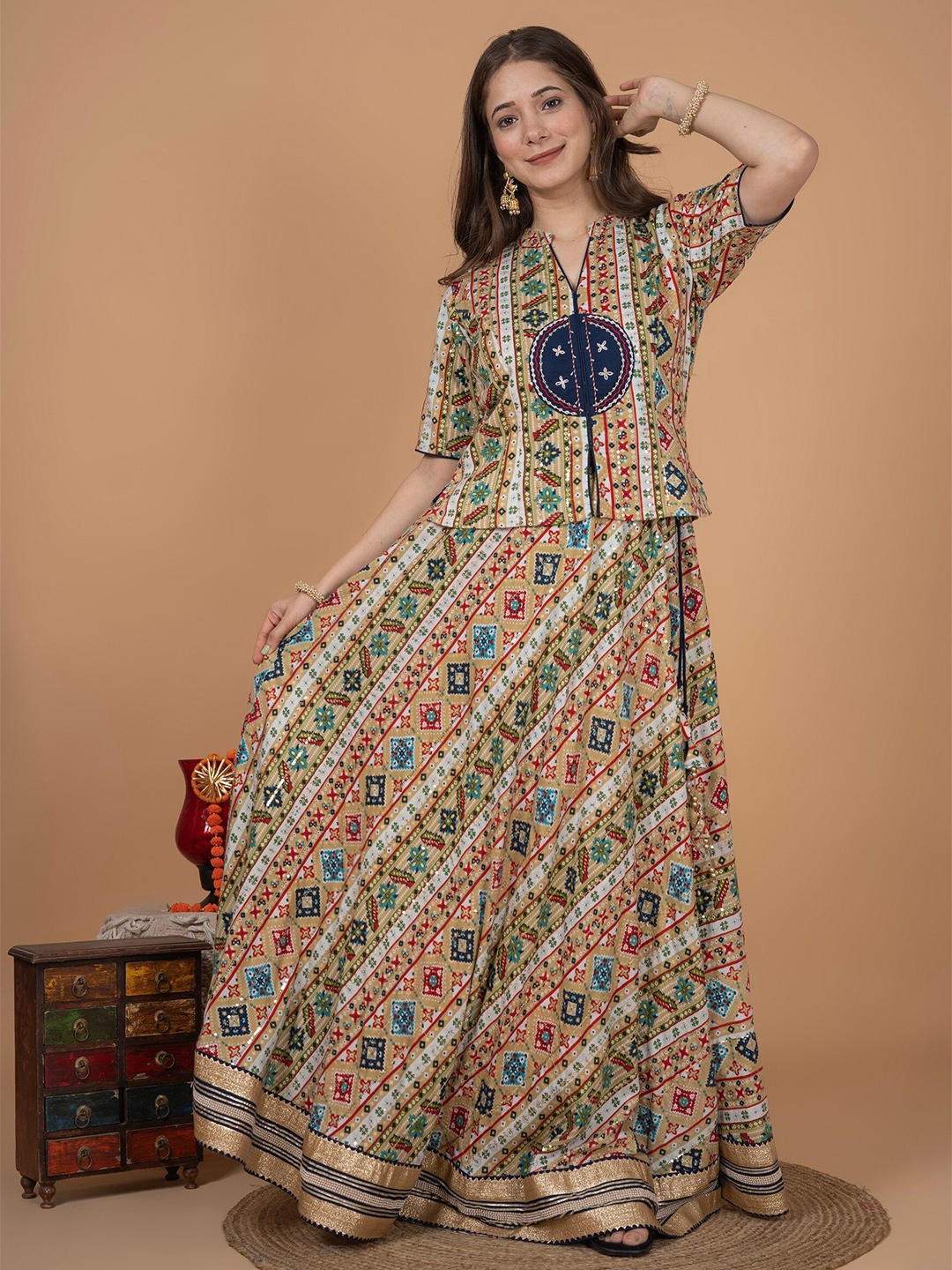 

MissKurti Ethnic Motif Printed Ready To Wear Lehenga Choli, Beige