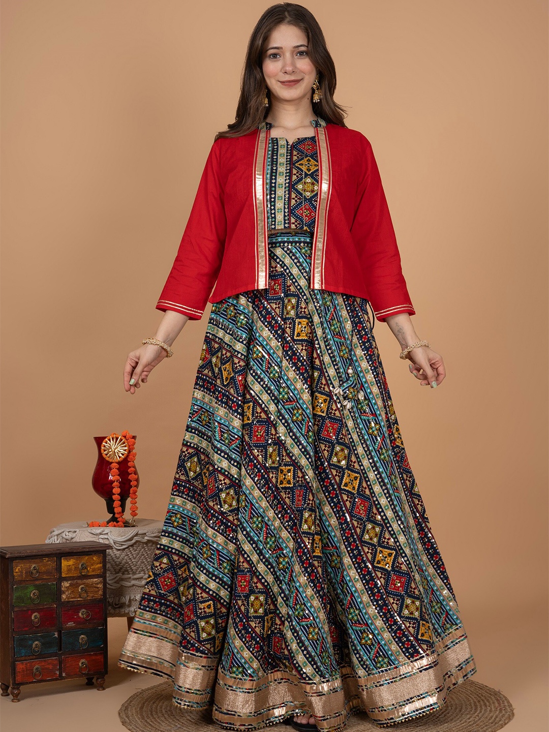 MissKurti Ethnic Motif Printed Sequin Work Lehenga & Choli With Jacket, Navy blue