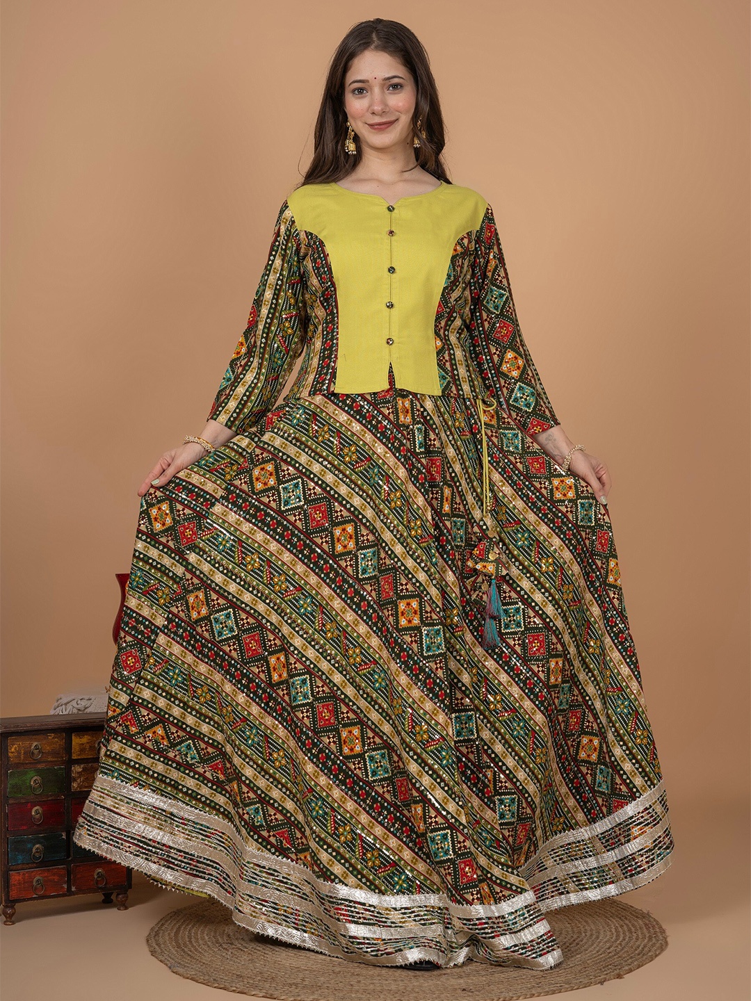 MissKurti Ethnic Motif Printed Sequin Work Lehenga With Choli, Olive