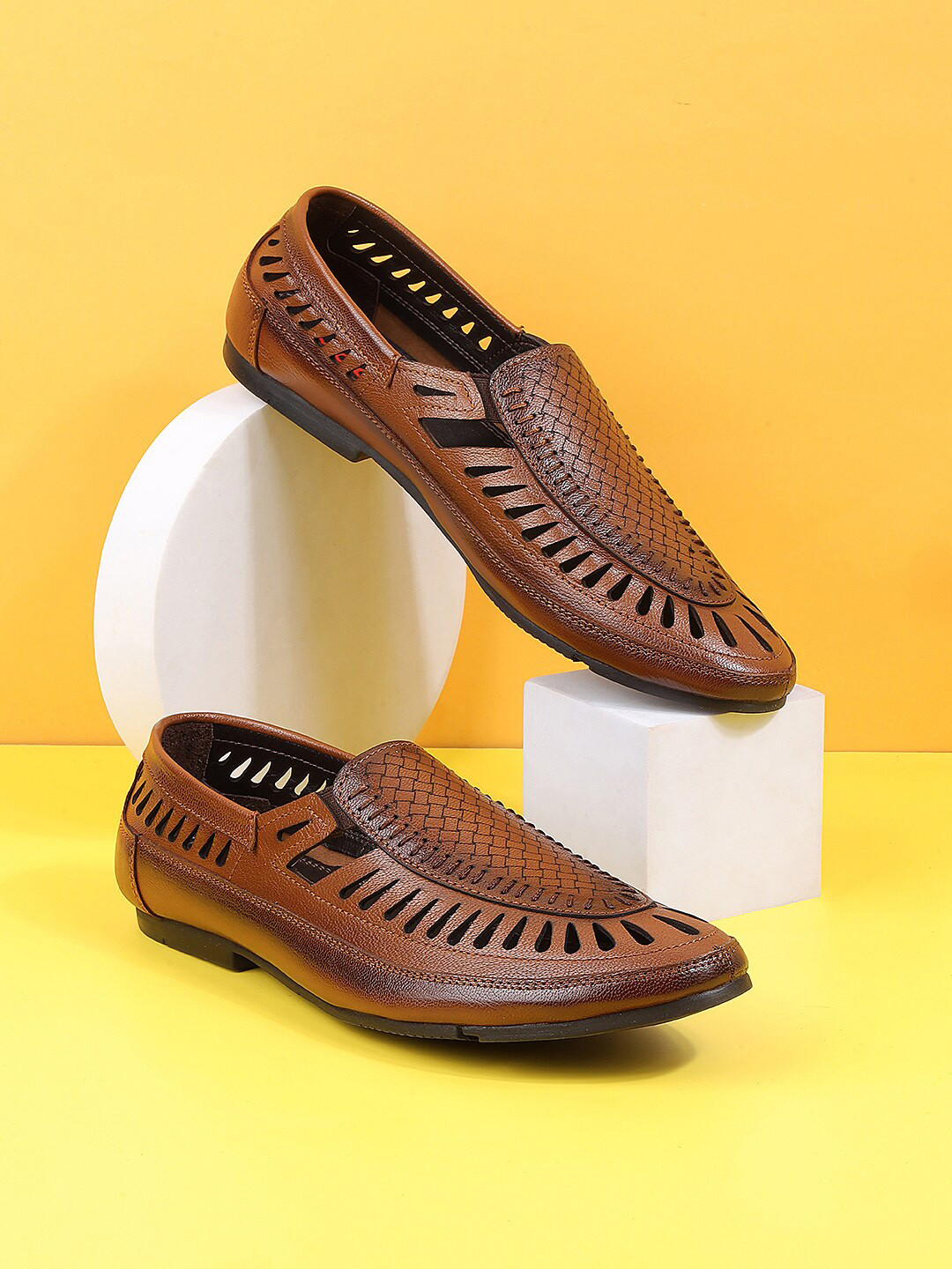 

Mochi Men Laser Cut Leather Shoe-Style Sandals, Tan