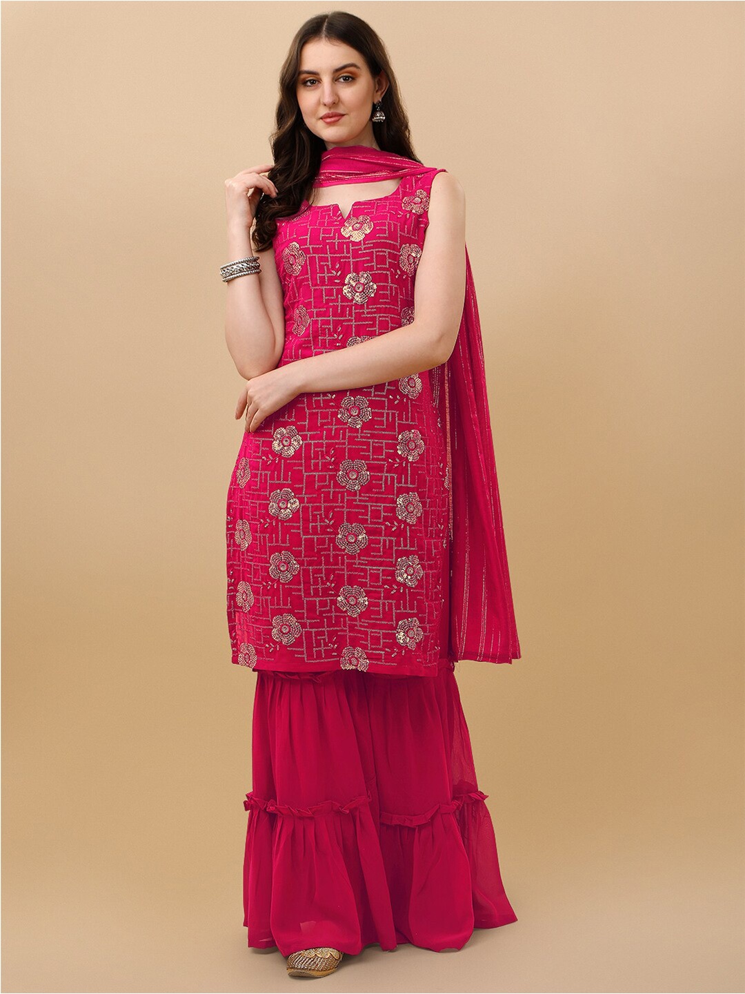 

KALINI Embroidered Silk Georgette Semi-Stitched Kurta With Stitched Sharara & Dupatta, Pink