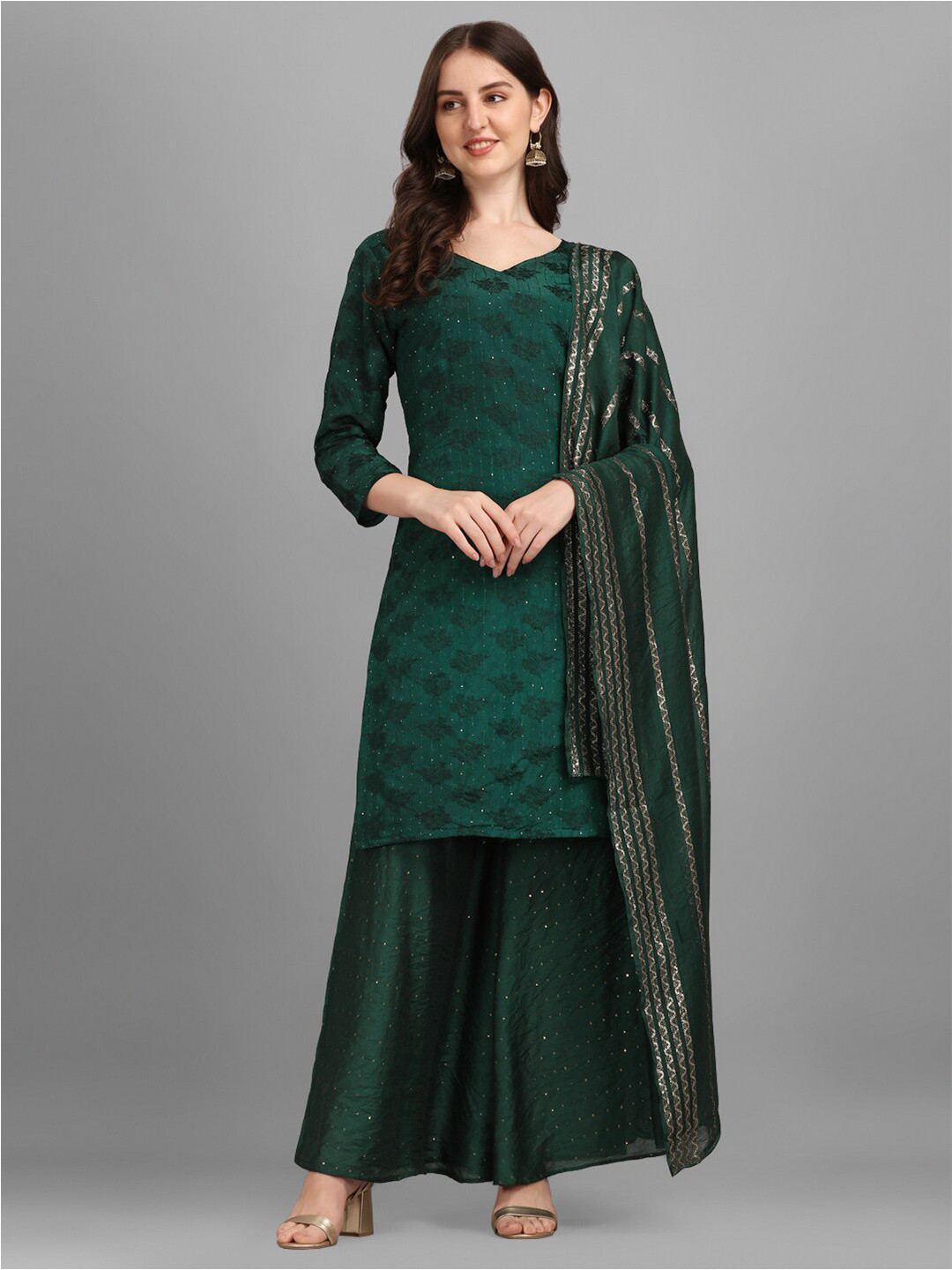 

KALINI Woven Design Sequinned Semi-Stitched Kurta With Stitched Sharara & Dupatta, Green