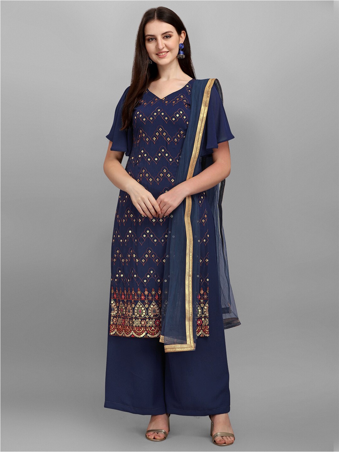 

KALINI Embroidered Sequinned Semi-Stitched Dress Material, Navy blue