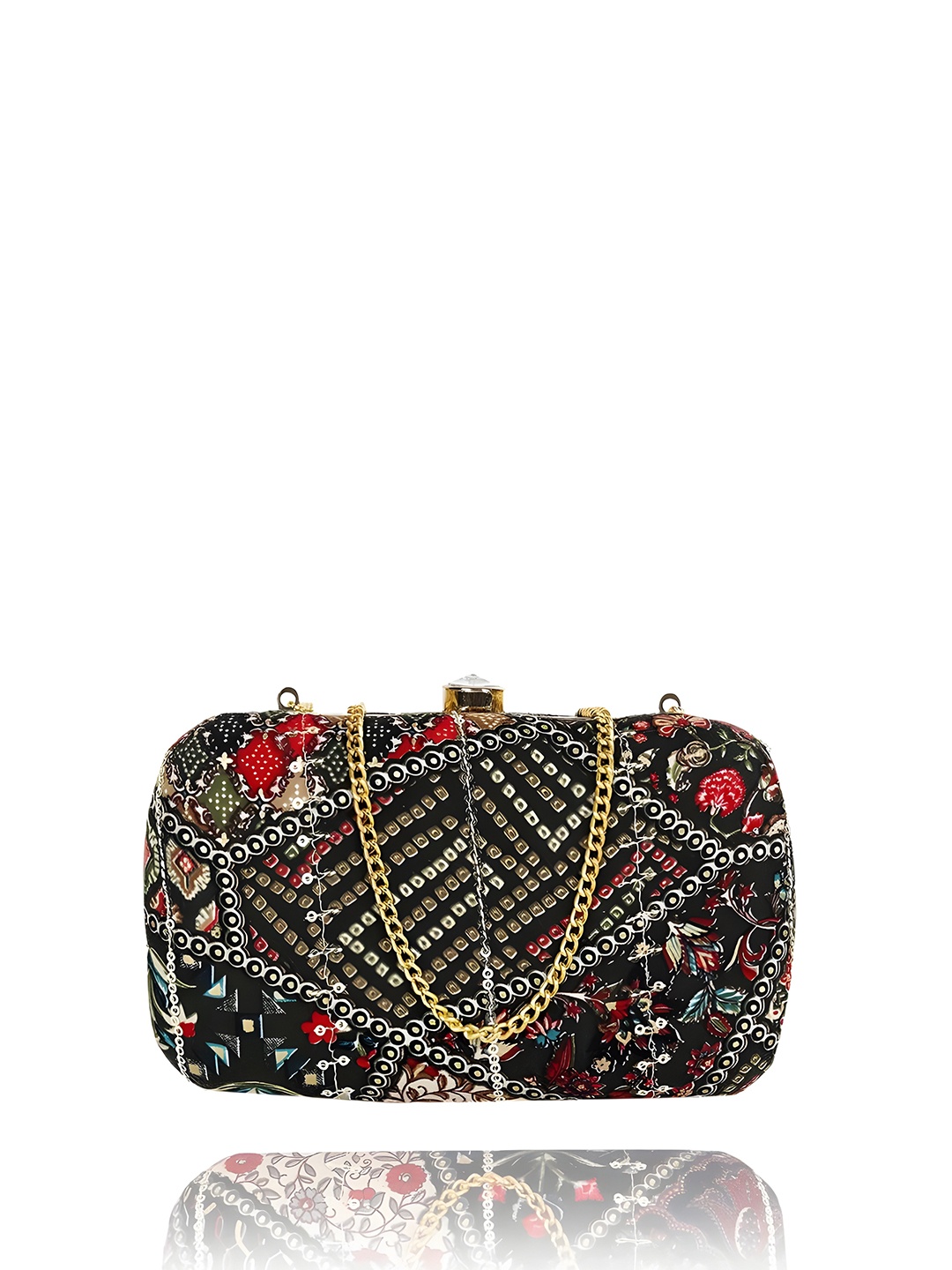 

REZZY Printed Party Box Clutch With Shoulder Strap, Black