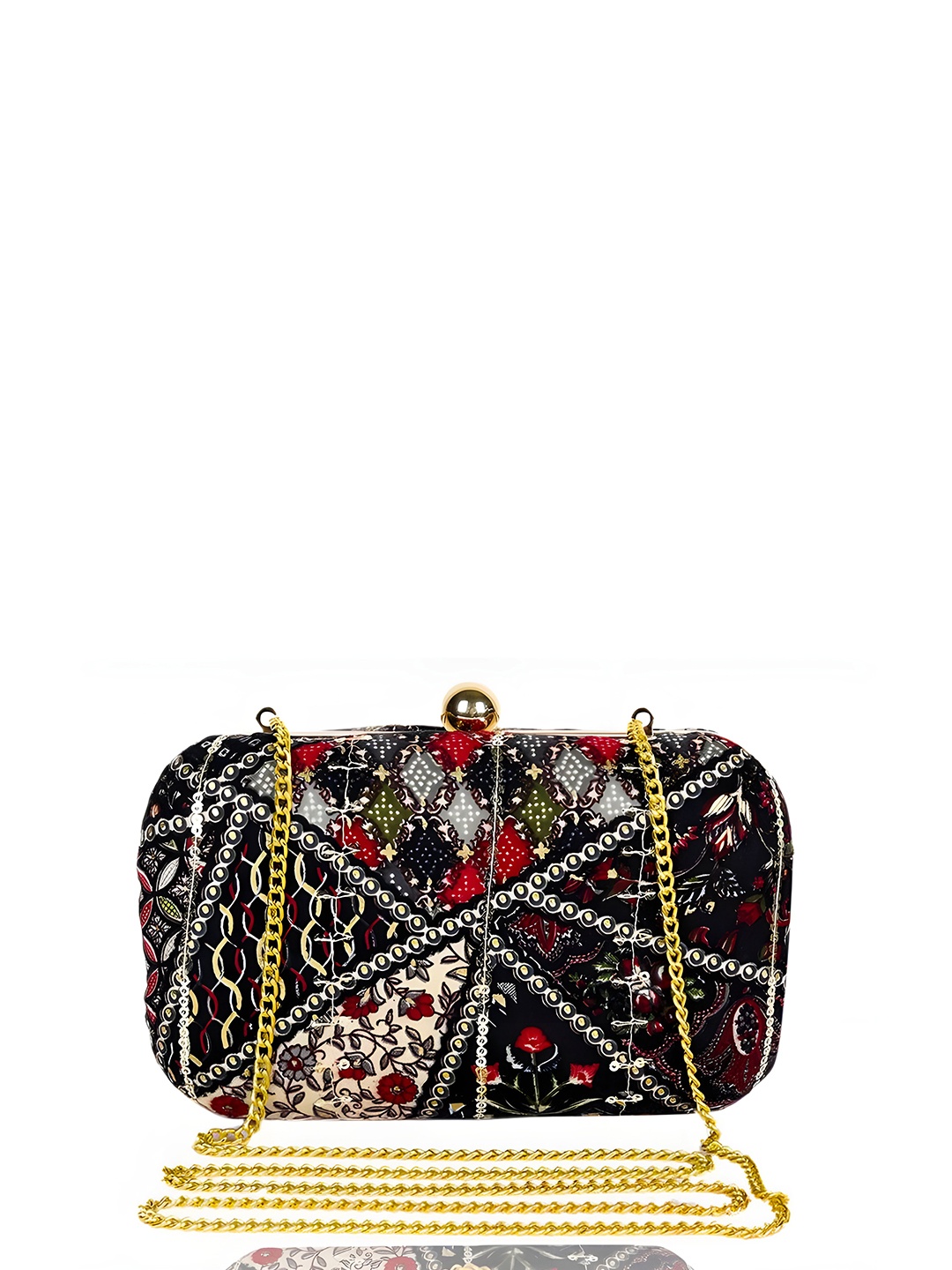 

REZZY Printed Party Box Clutch With Shoulder Strap, Black