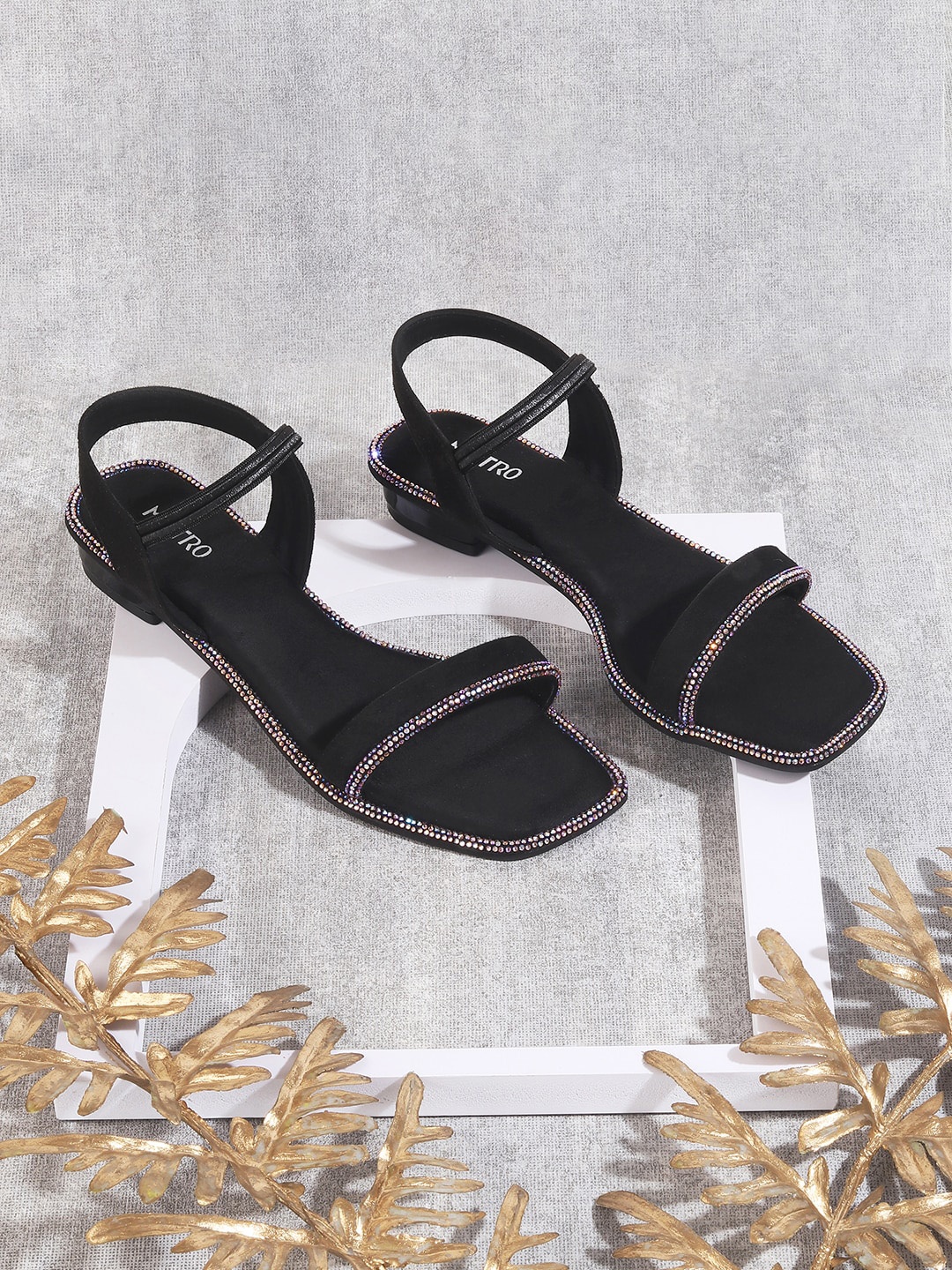 

Metro Embellished Open Toe Flats, Black