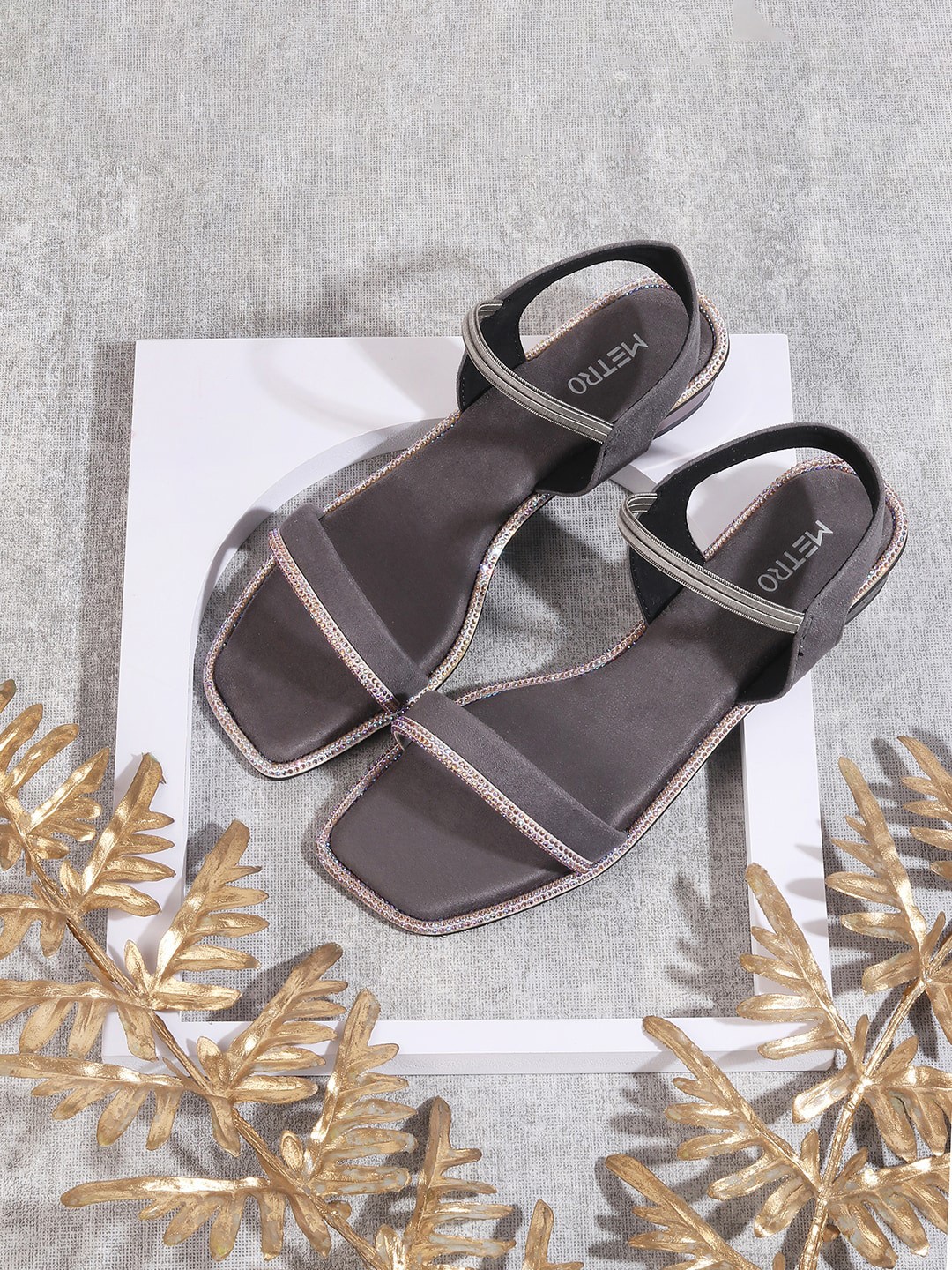 

Metro Embellished Open Toe Flats, Grey