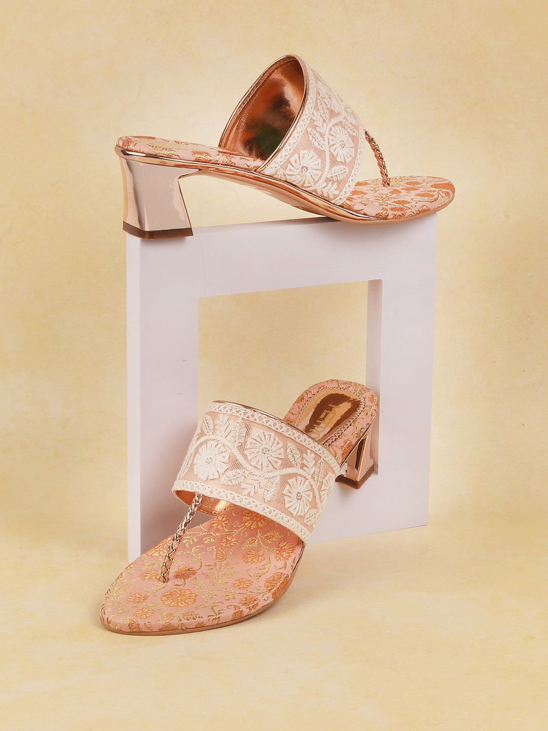 

Metro Embroidered Open Toe Block Heels, Peach