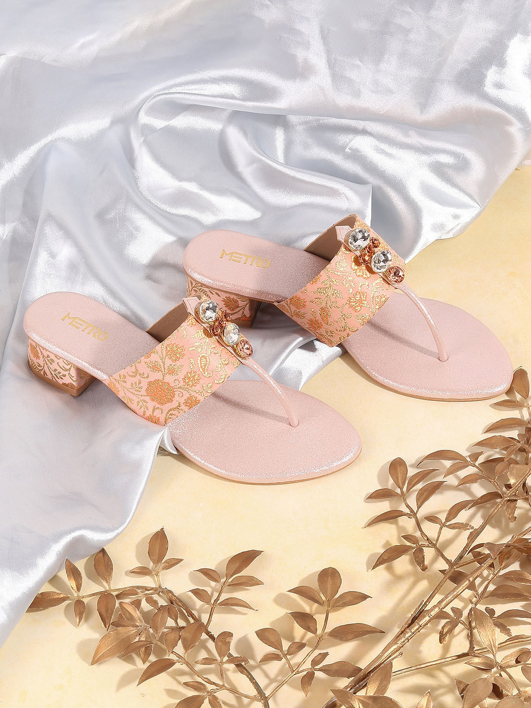 

Metro Ethnic Embellished Open Toe Block Heels, Rose gold
