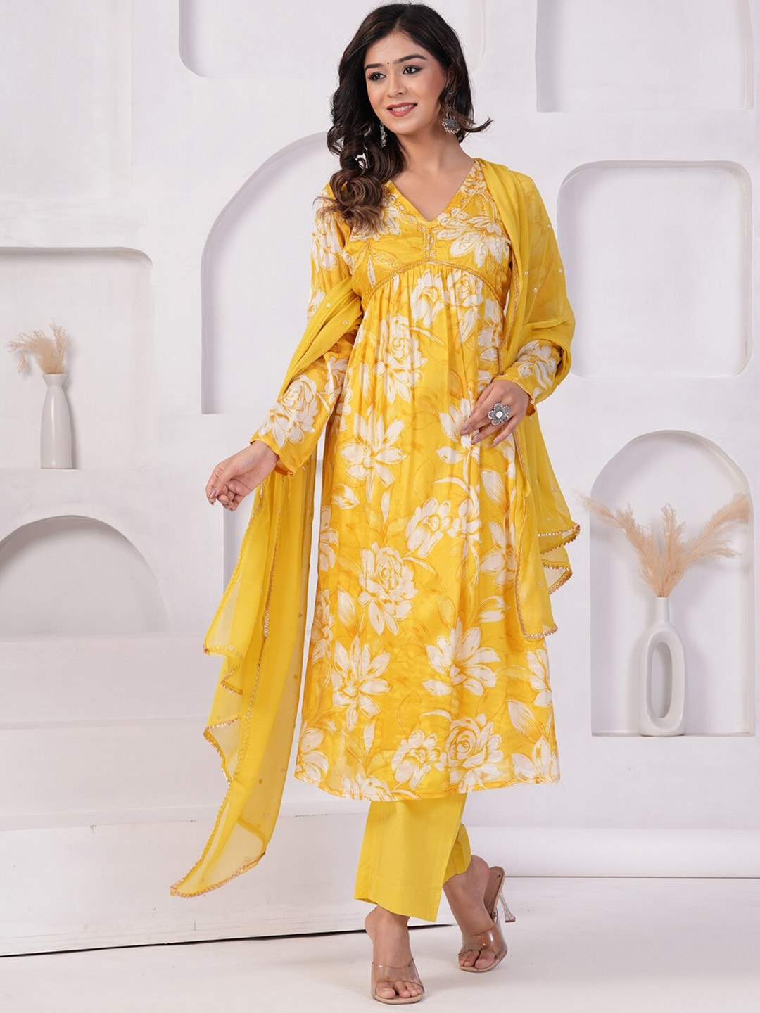 

EtnicaWear Floral Printed High Slit Beads And Stones Kurta With Trousers & Dupatta, Yellow