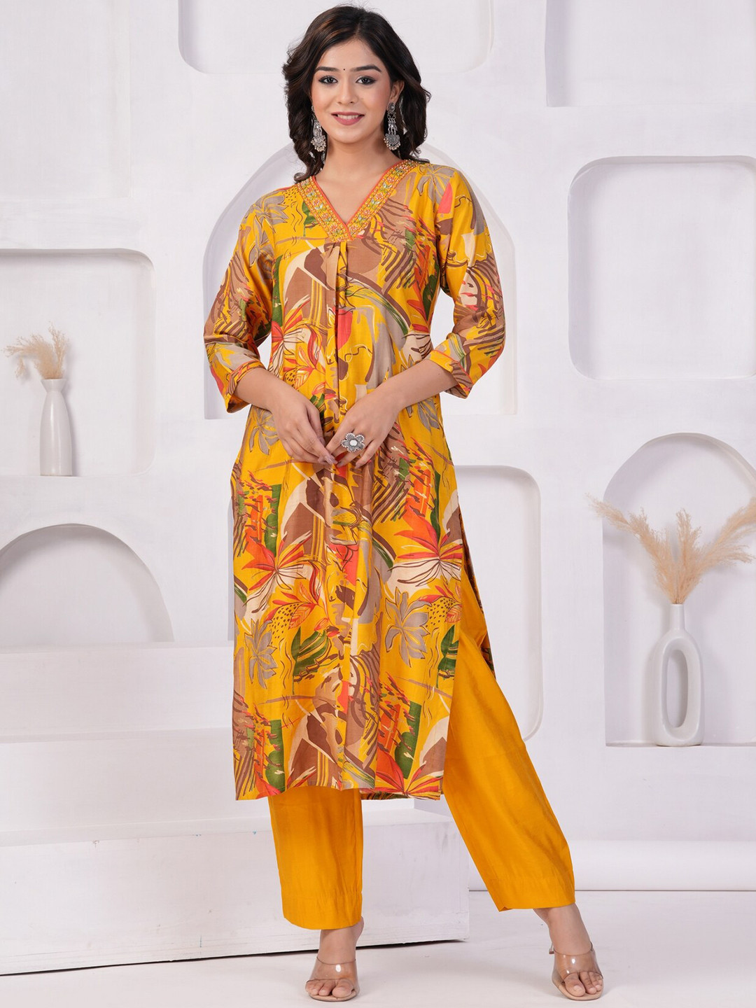 

EtnicaWear Floral Printed Pleated Beads And Stones Kurta With Trousers, Yellow