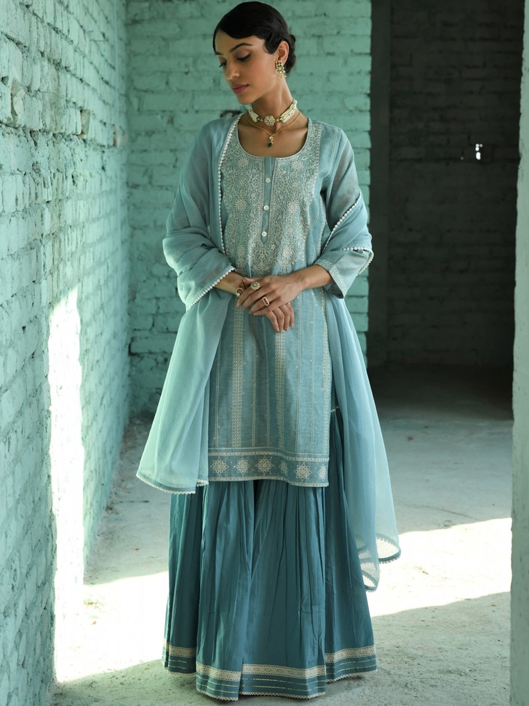 

KARAJ JAIPUR Ethnic Motifs Embroidered Sequined Kurta With Skirt & Dupatta, Blue