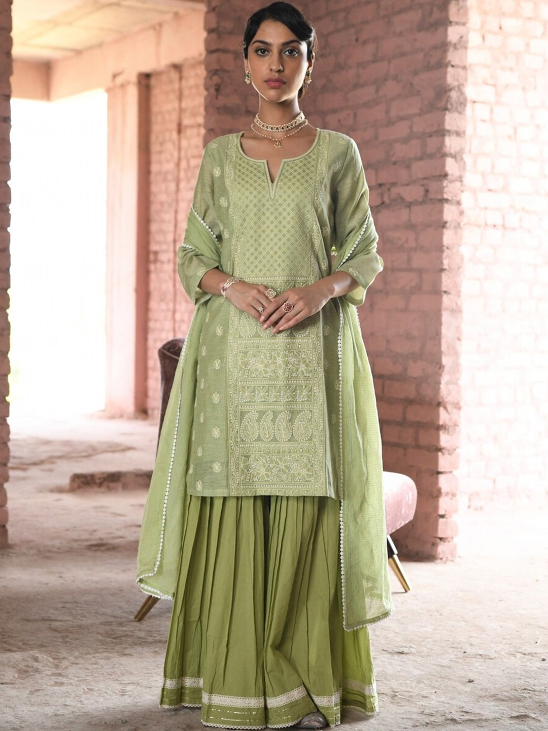 

KARAJ JAIPUR Ethnic Motifs Chikankari Embroidered Regular Kurta With Sharara & Dupatta, Green