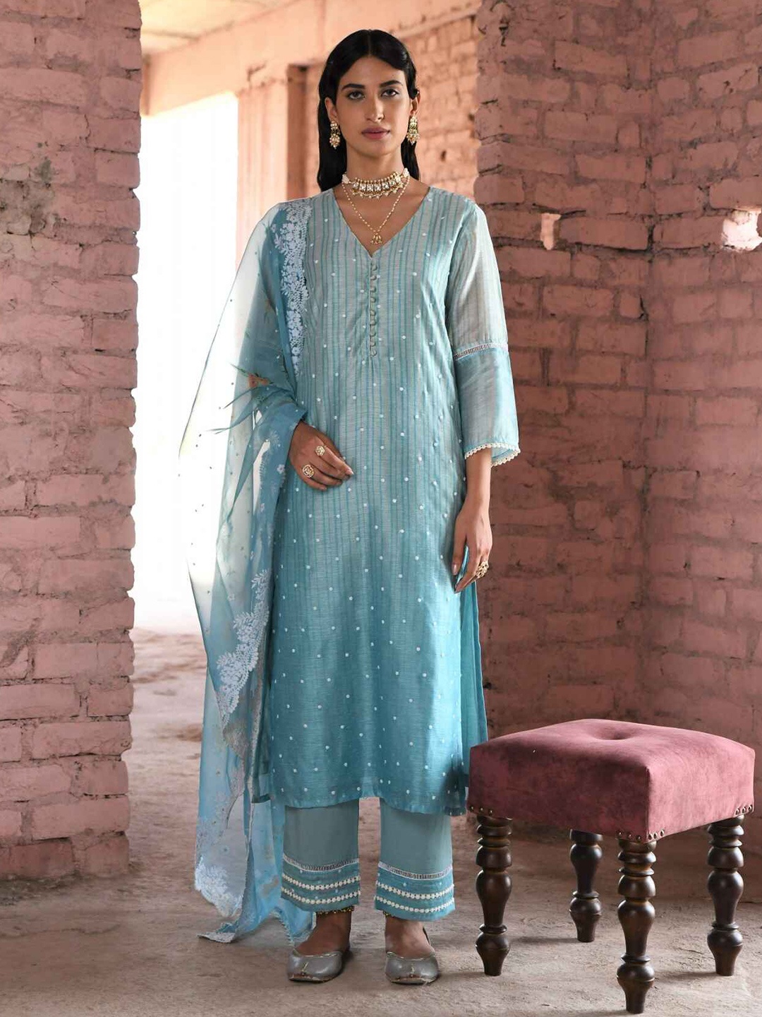 

KARAJ JAIPUR Embroidered Regular Beads and Stones Kurta With Trousers & Dupatta, Blue