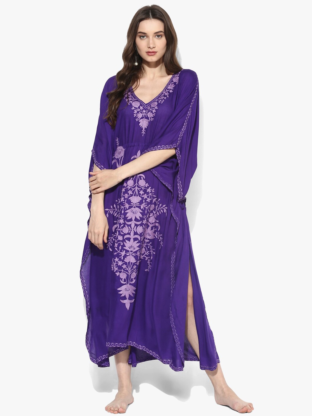 

CRAFTBAZAR Floral Embroidered Kaftan Swimwear Cover Up Dress, Purple