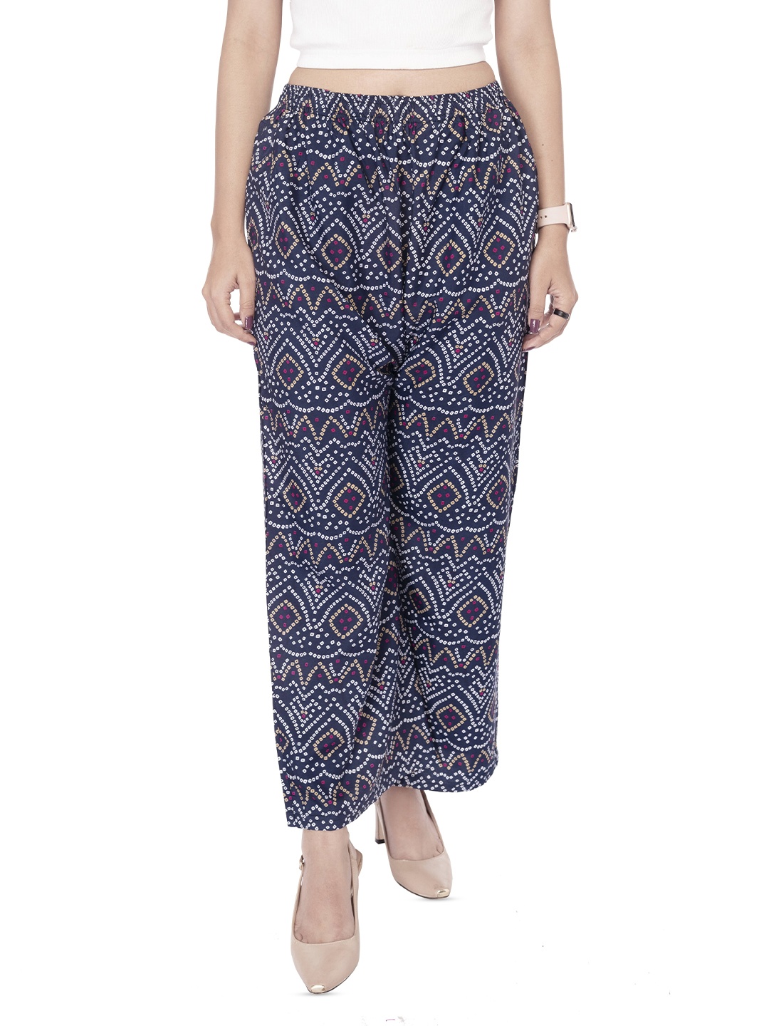 

Comfy Pro Women Printed Crepe Palazzos, Navy blue