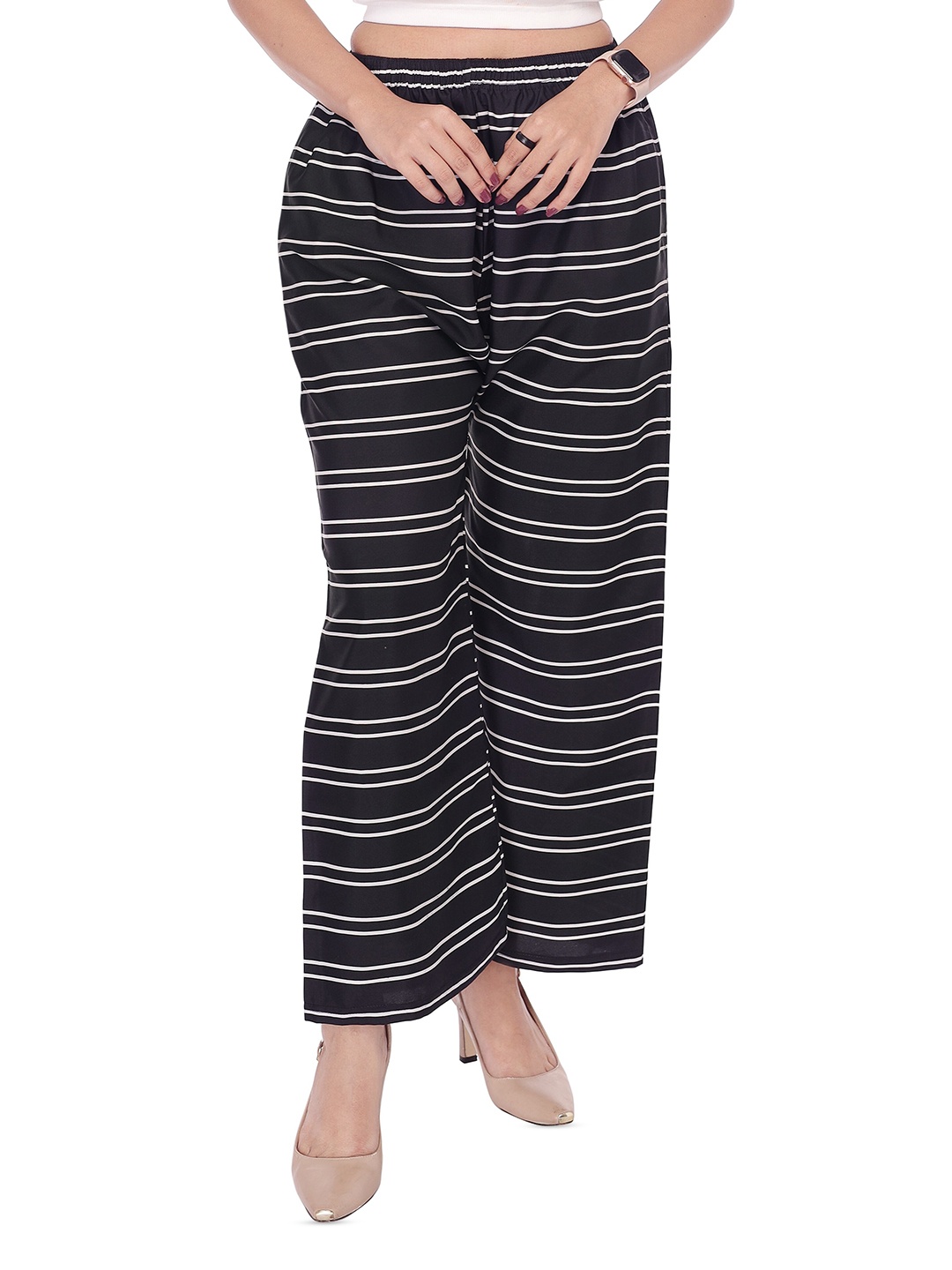 

Comfy Pro Women Striped Wide Leg Palazzos, Black