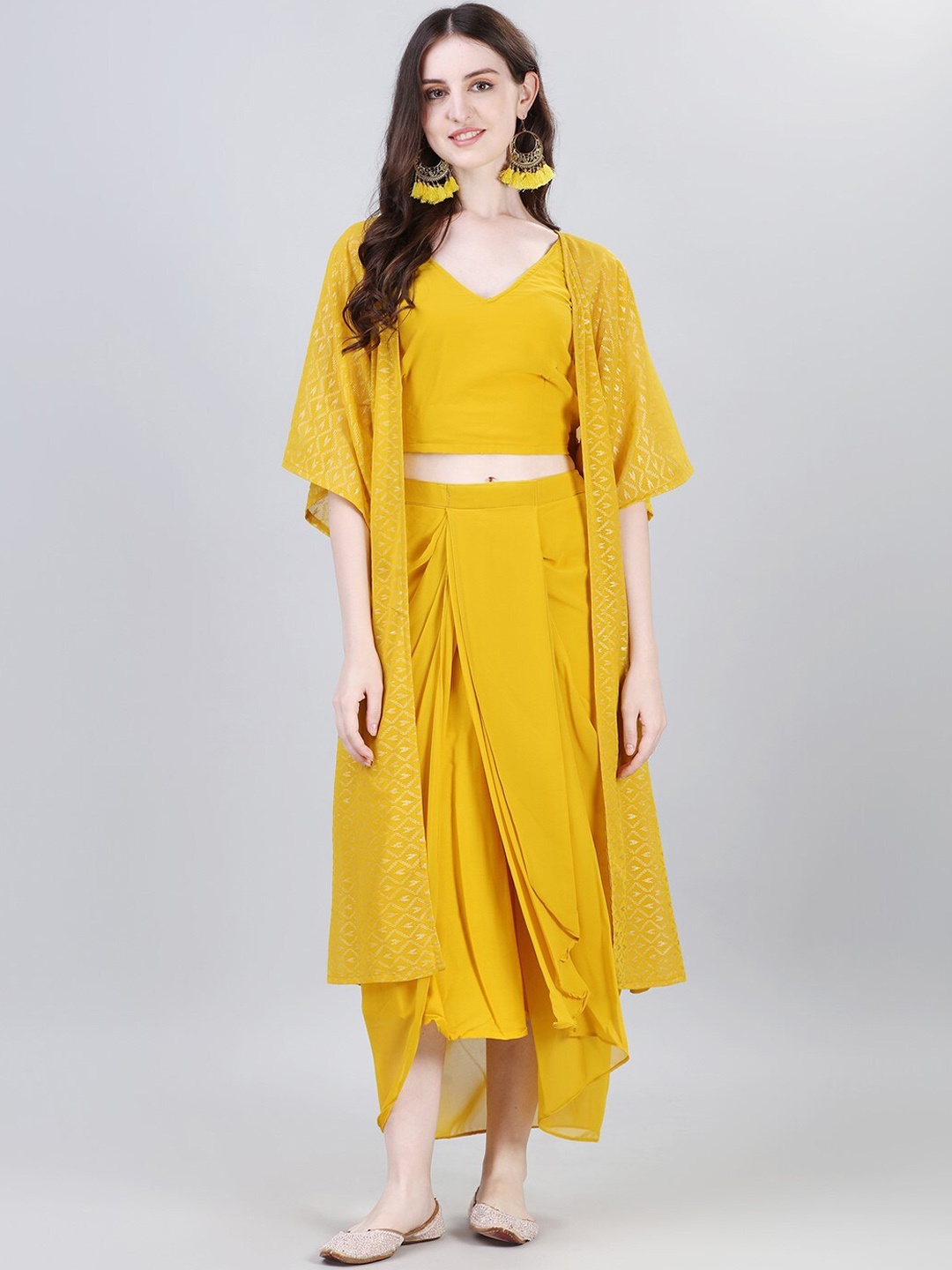 

Modestouze Attires V-Neck Sleeveless Top with Skirt With Jacket, Mustard