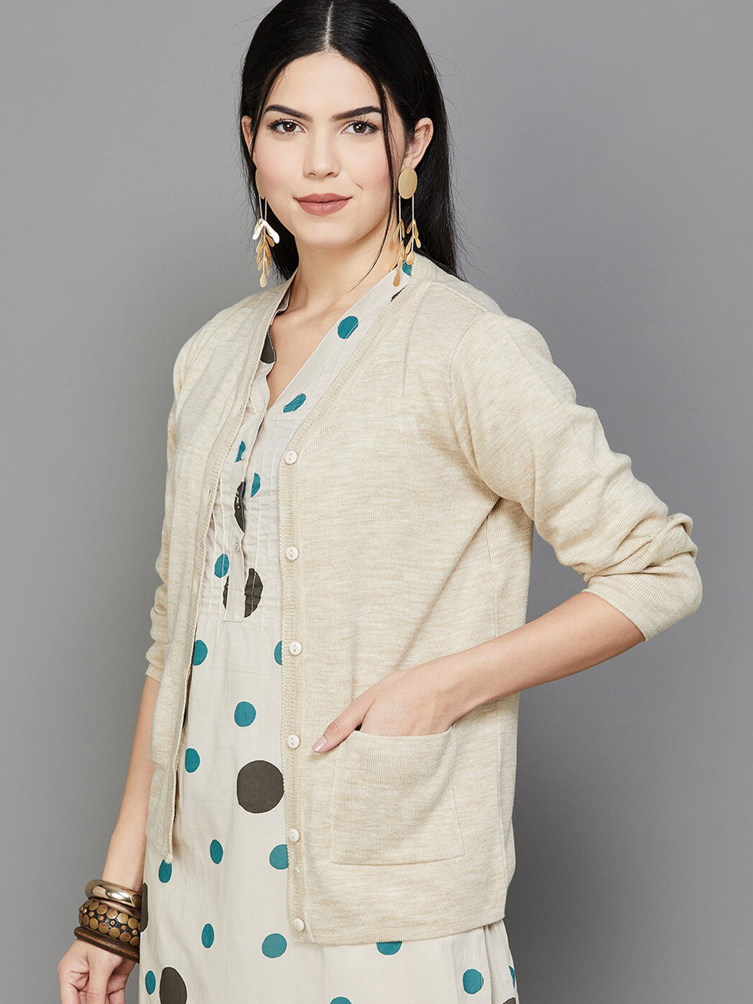 

Melange by Lifestyle V-Neck Pure Acrylic Cardigan, Beige