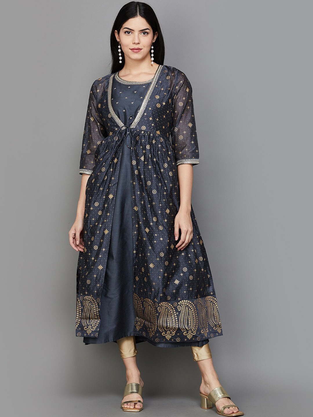 

Melange by Lifestyle Ethnic Motifs Printed Anarkali Kurta with Trousers, Grey
