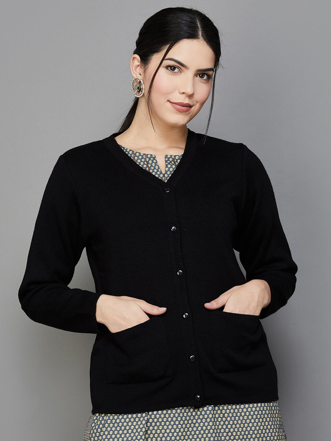 

Melange by Lifestyle V-Neck Pure Acrylic Cardigan, Black