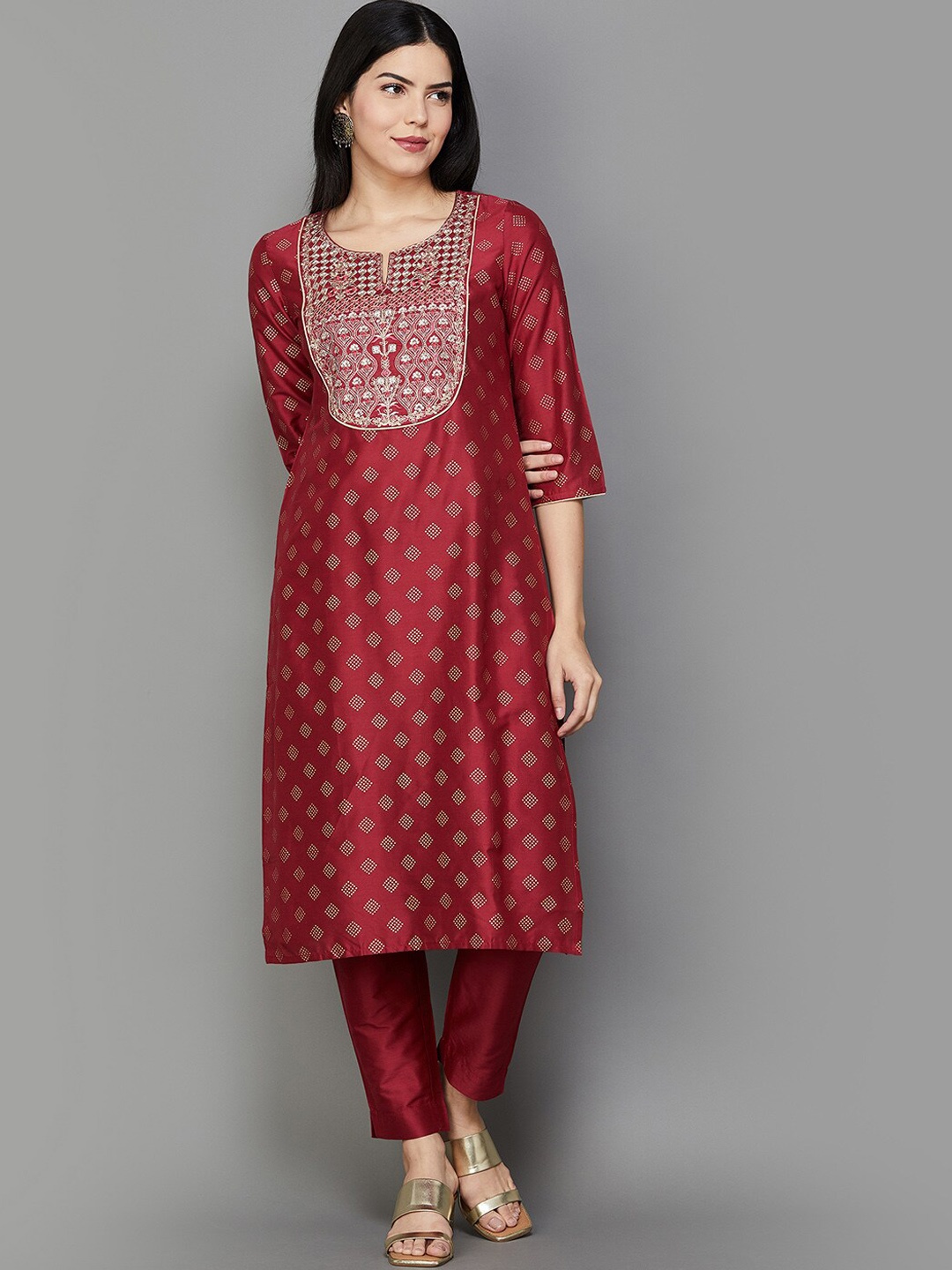 Melange by Lifestyle Ethnic Motifs Printed Thread Work Regular Kurta with Trousers, Red