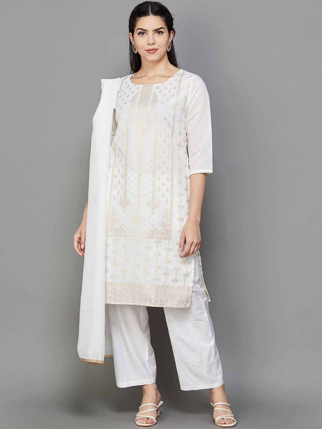 

Melange by Lifestyle Ethnic Motifs Woven Design Straight Kurta & Trousers With Dupatta, Off white