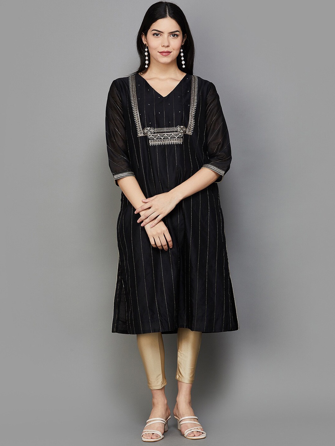 

Melange by Lifestyle Ethnic Motifs Yoke Design Silk Kurta, Black