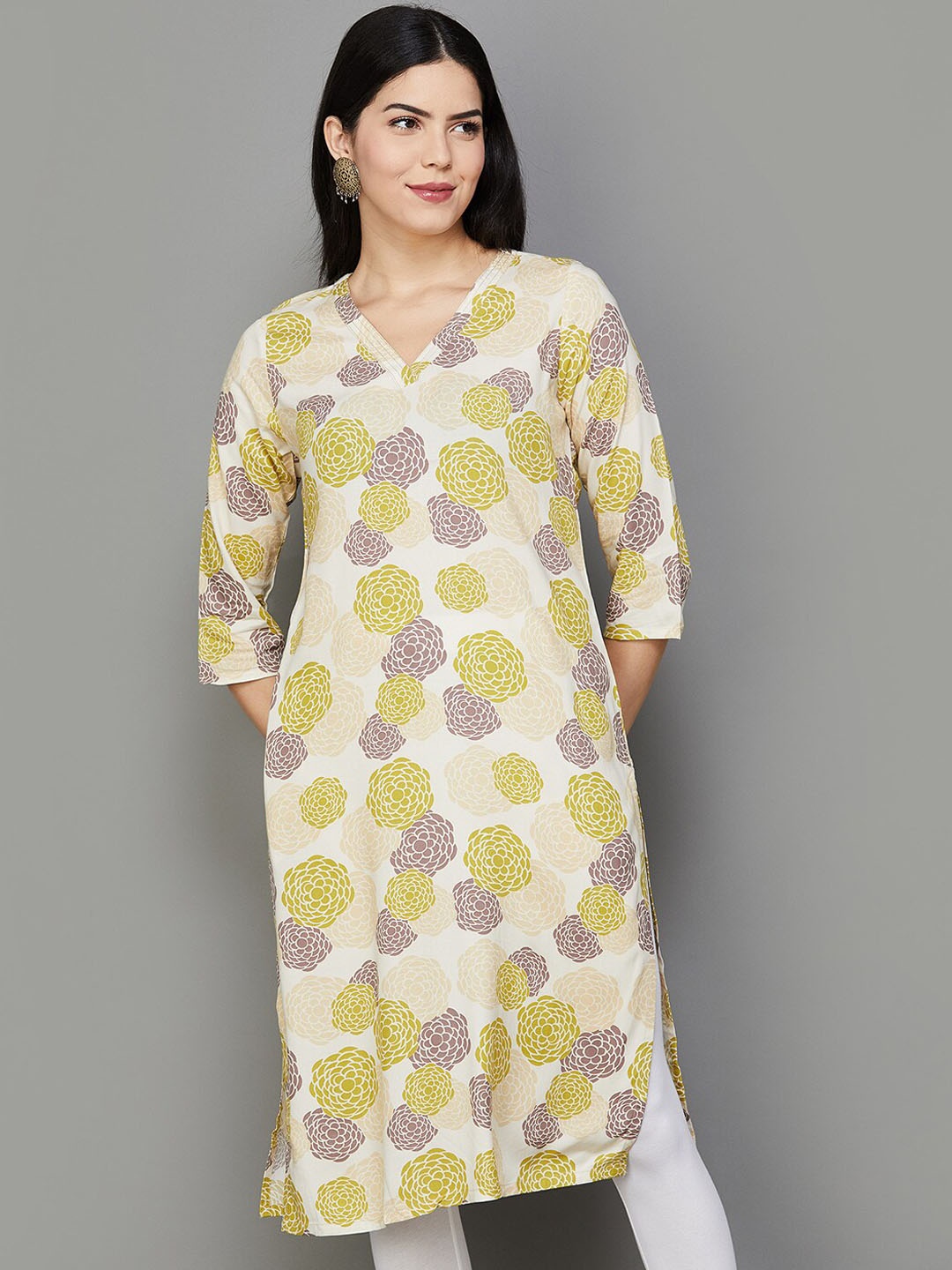 

Melange by Lifestyle Floral Printed A-Line Kurta, Beige