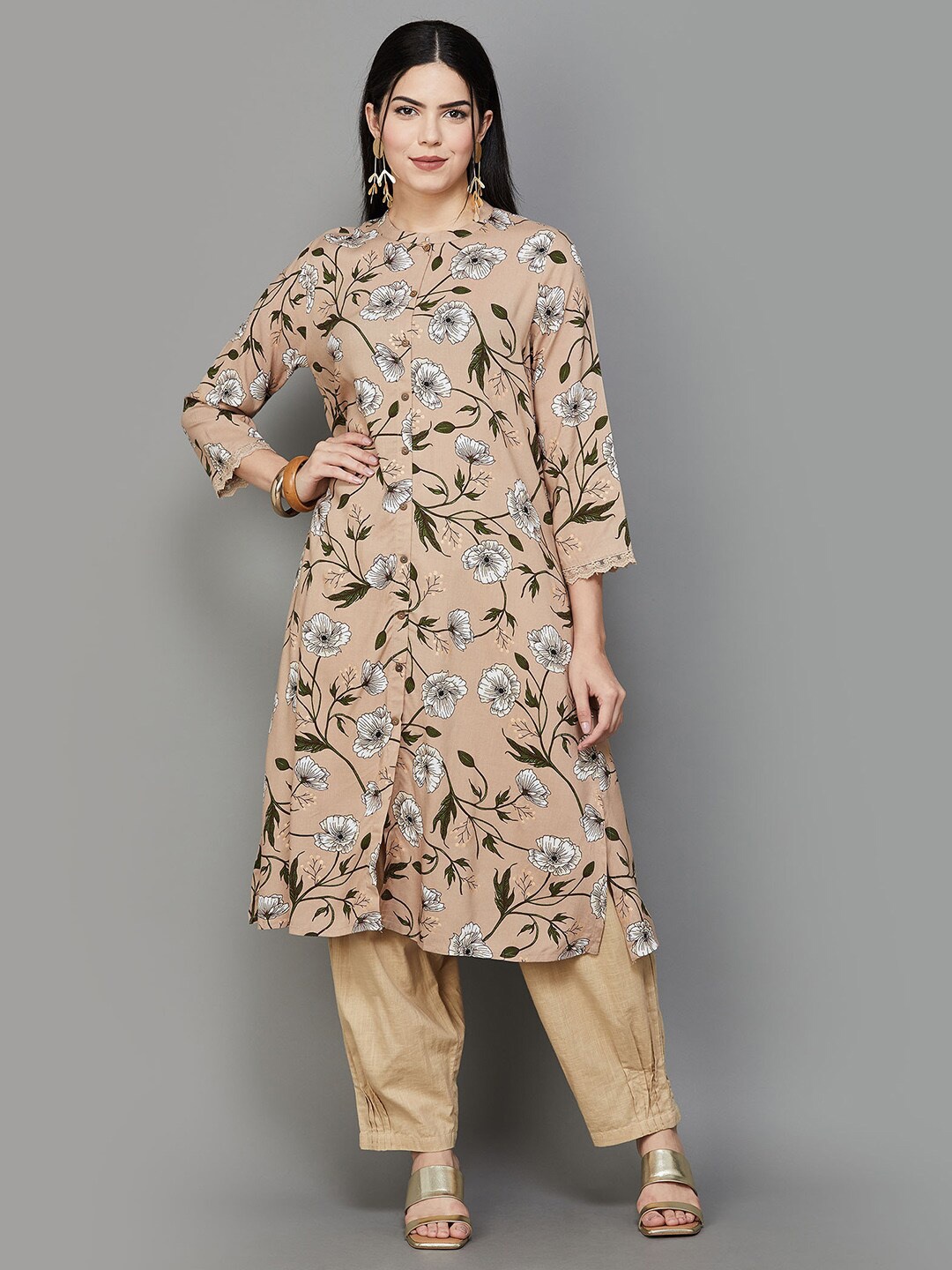 

Melange by Lifestyle Floral Printed A-Line Kurta, Beige