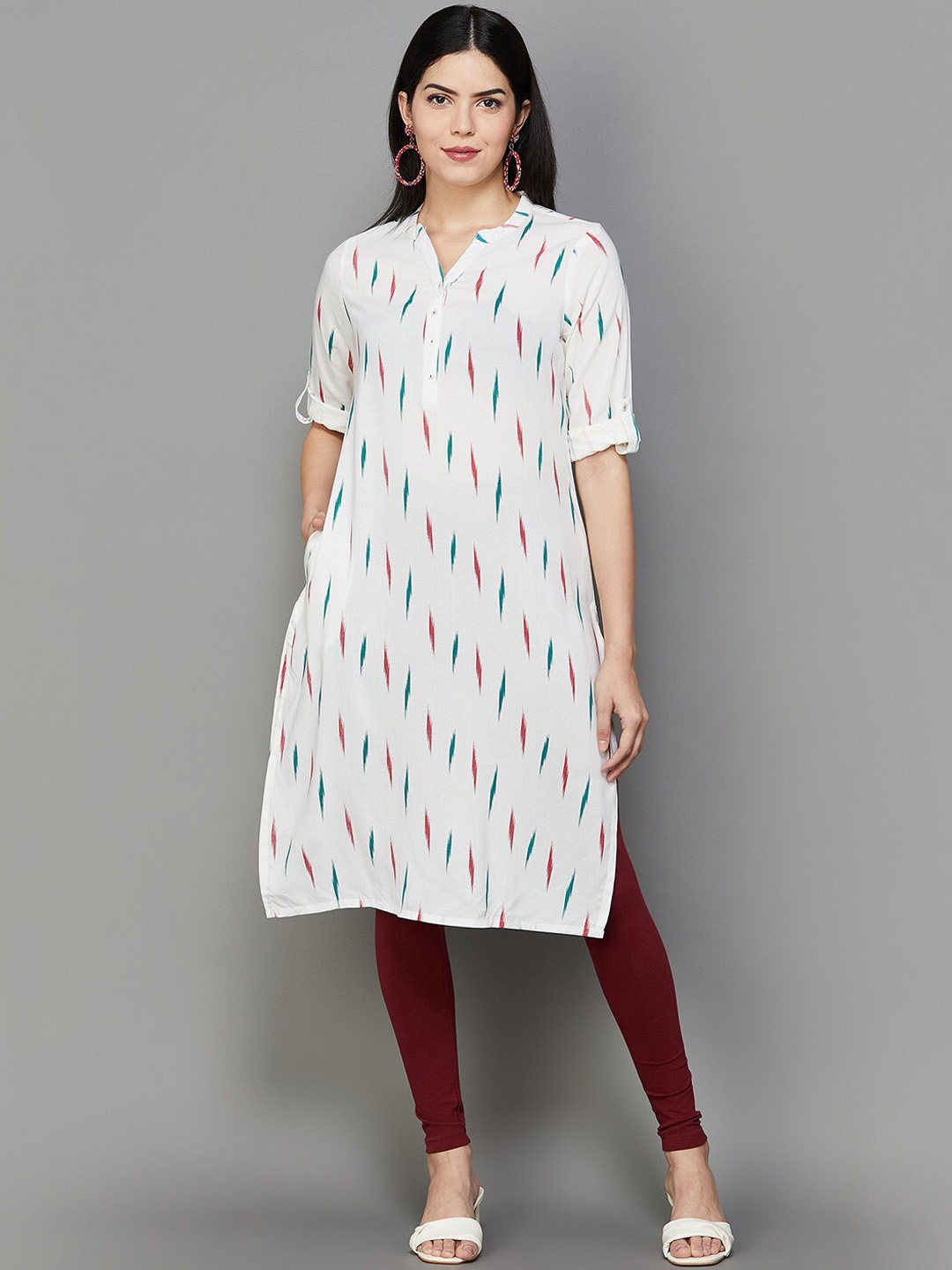 

Melange by Lifestyle Abstract Printed Mandarin Collar Kurta, Off white