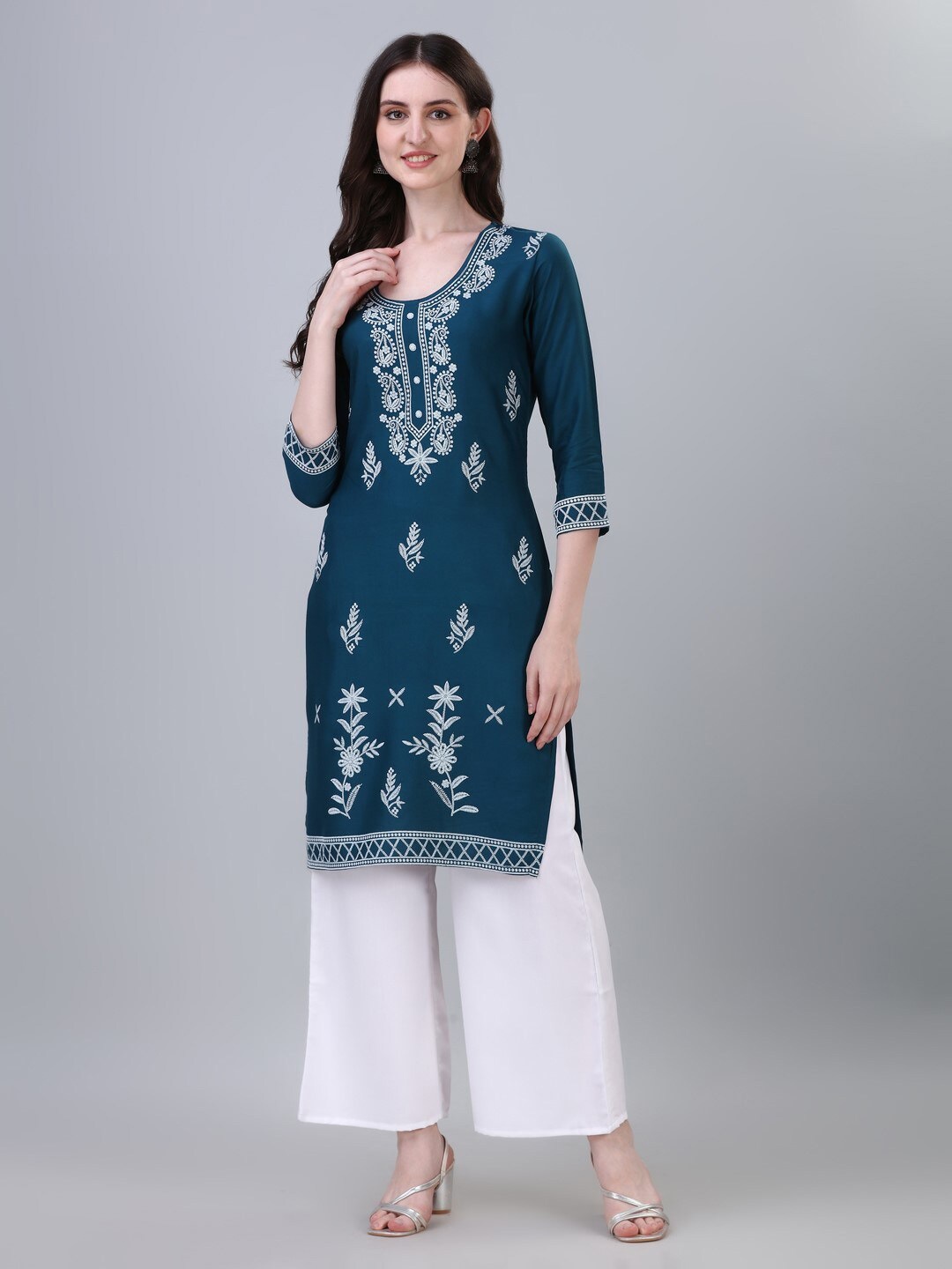 

Modestouze Attires Ethnic Motifs Embroidered Thread Work Straight Kurta, Teal