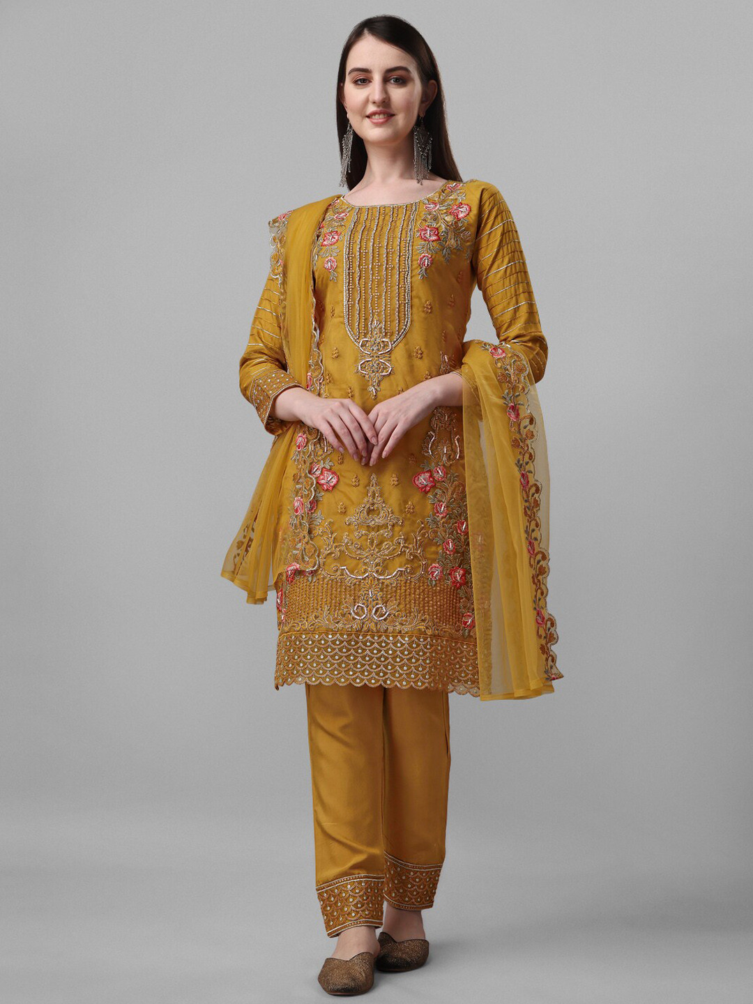 

KALINI Ethnic Motifs Embroidered Regular Organza Kurta & Trousers With Dupatta, Mustard