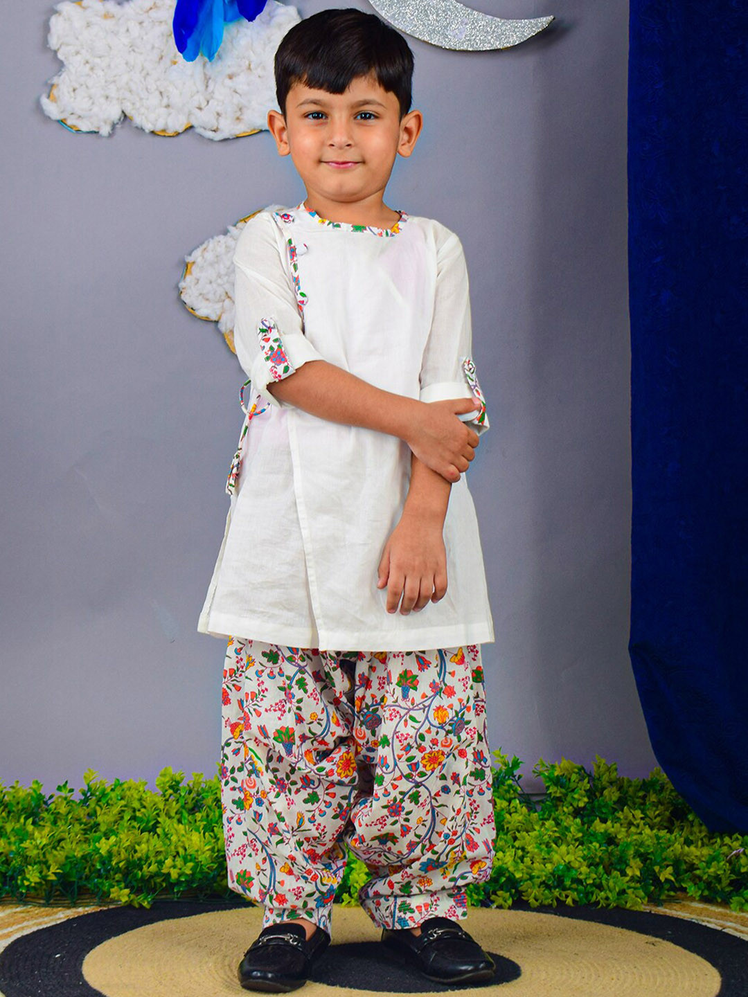 

Nino Bambino Boys Floral Printed Angrakha Pure Cotton Kurta With Salwar, White