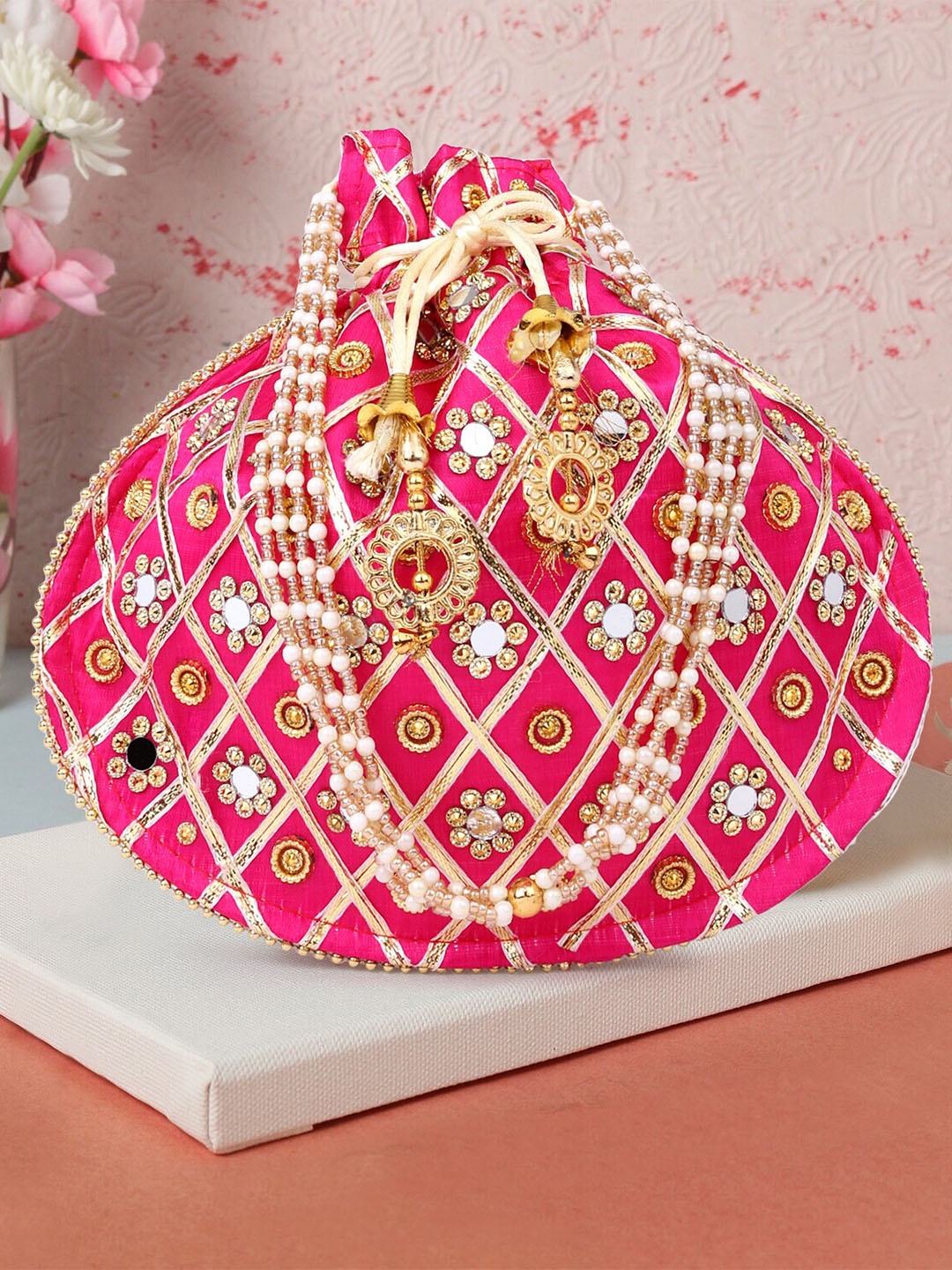 

DN Creation Embroidered Potli Clutch, Pink