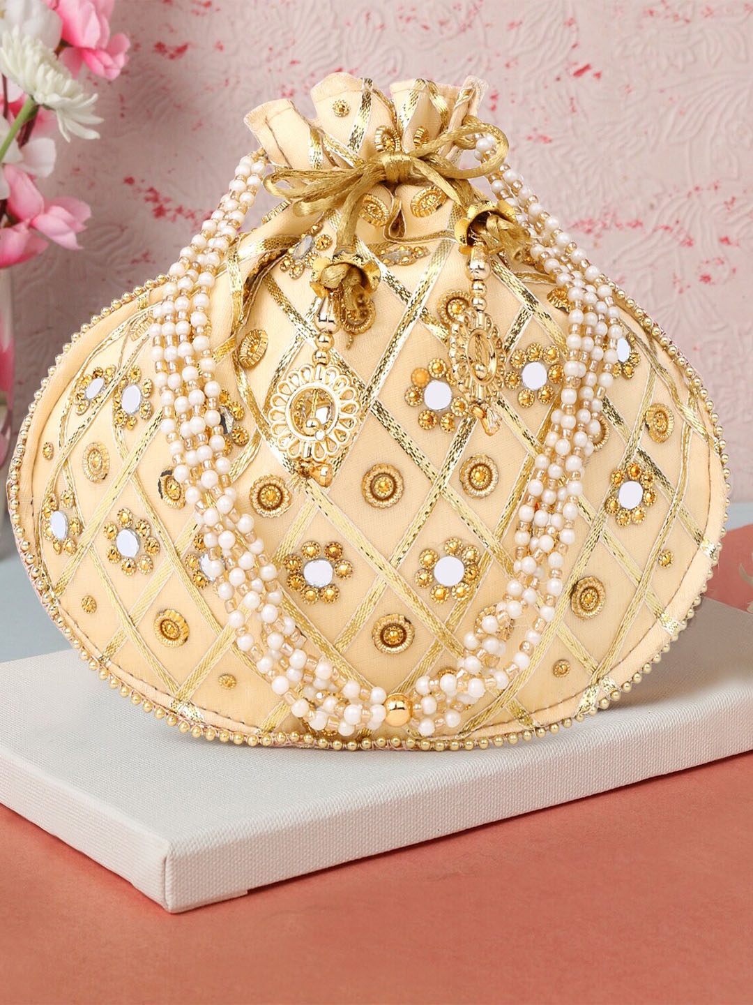 

DN Creation Embellished Embroidered Potli Clutch, Gold