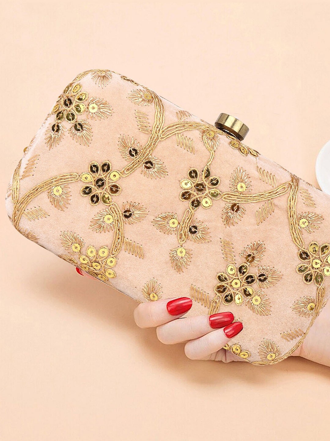 

DN Creation Embroidered Box Clutch, Peach