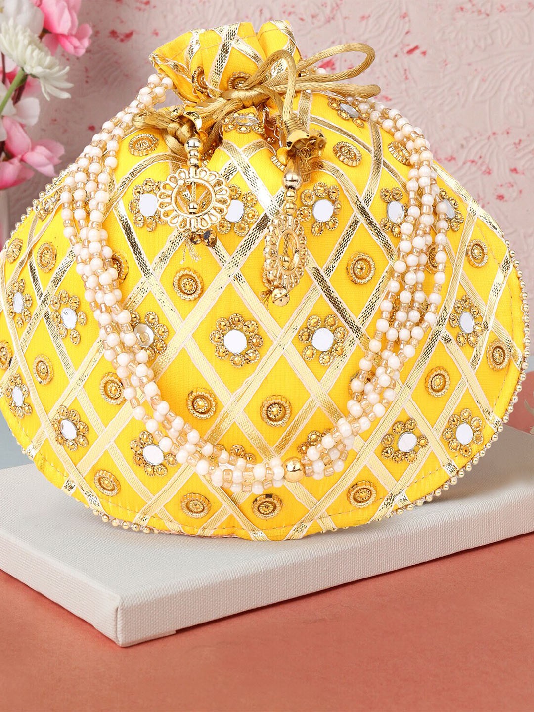 

DN Creation Embroidered Potli Clutch, Yellow