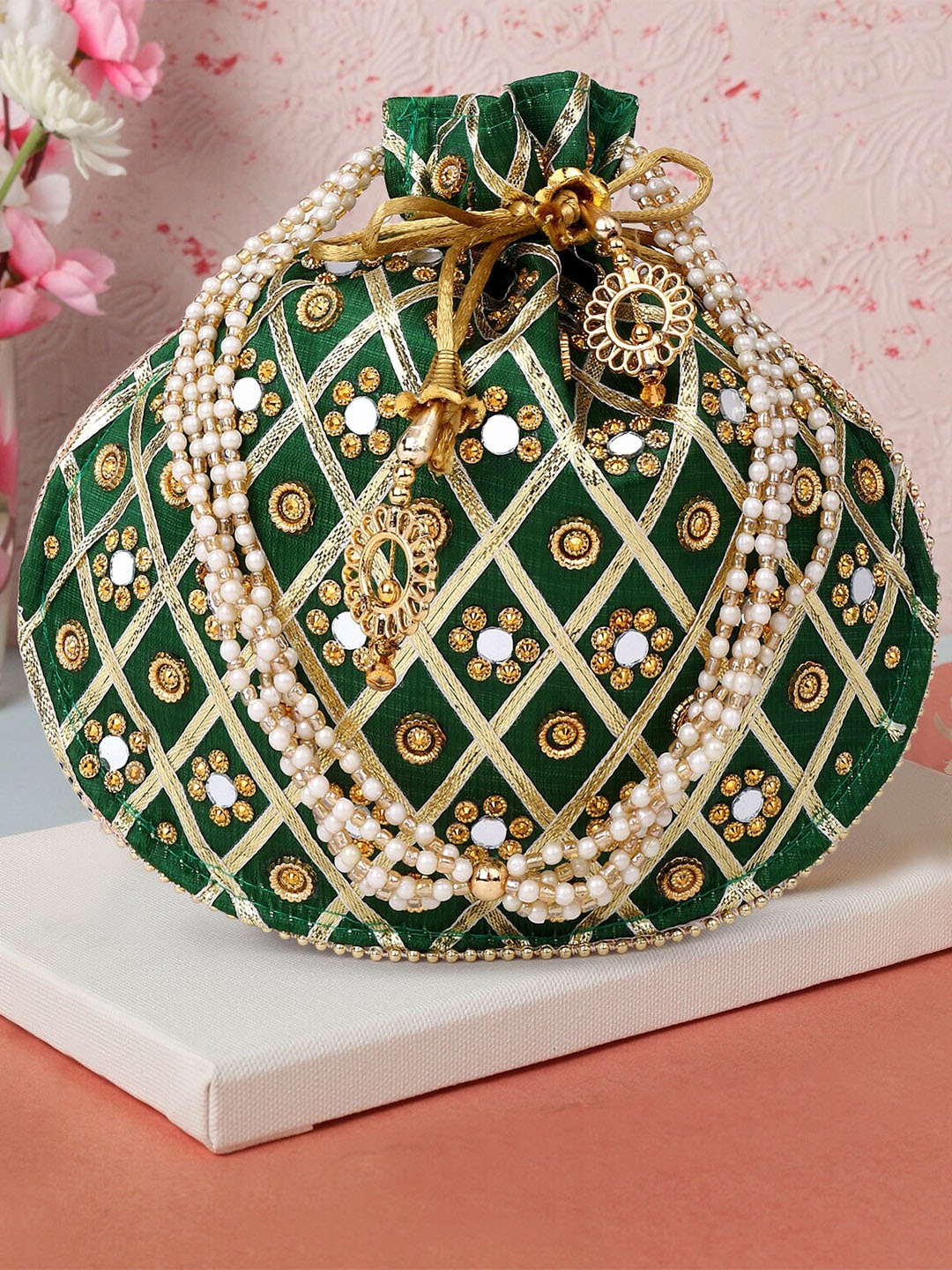 

DN Creation Embroidered Potli Bag, Green